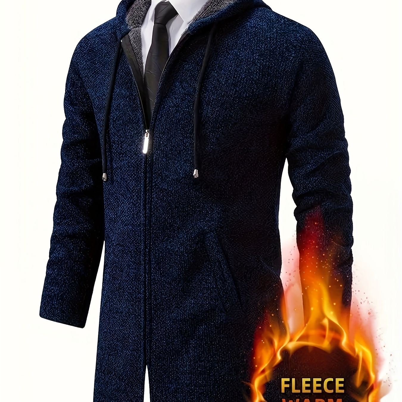 

1pc Men's Winter Casual Hooded Coat, 100% Polyester Knit Fabric, Long Sleeve Solid Color With Zipper, Regular Fit, Stretch, Comfortable Warm , Thick