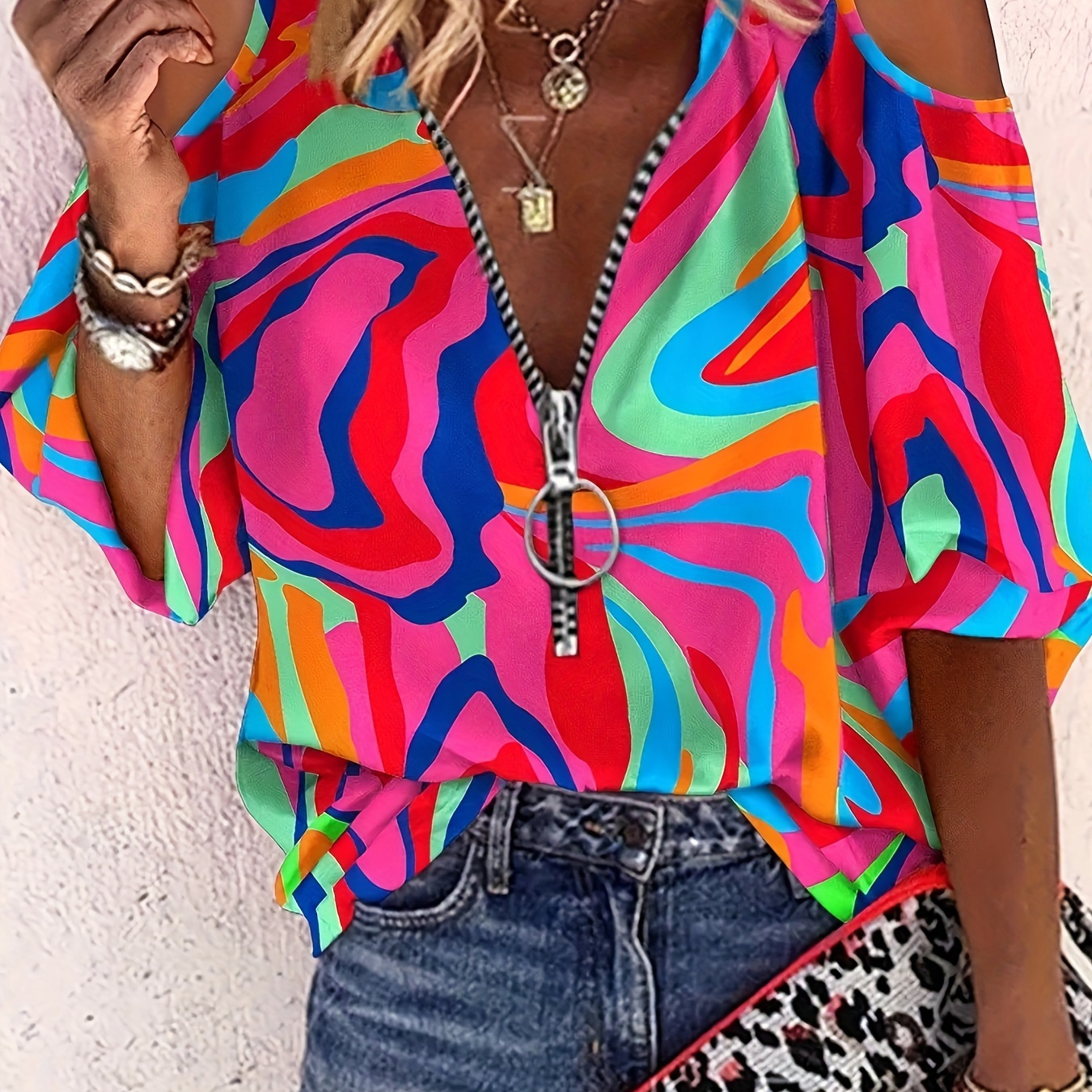 

Abstract Print Cold Shoulder Blouse, Casual Zipper V-neck Blouse For Spring & Summer, Women's Clothing