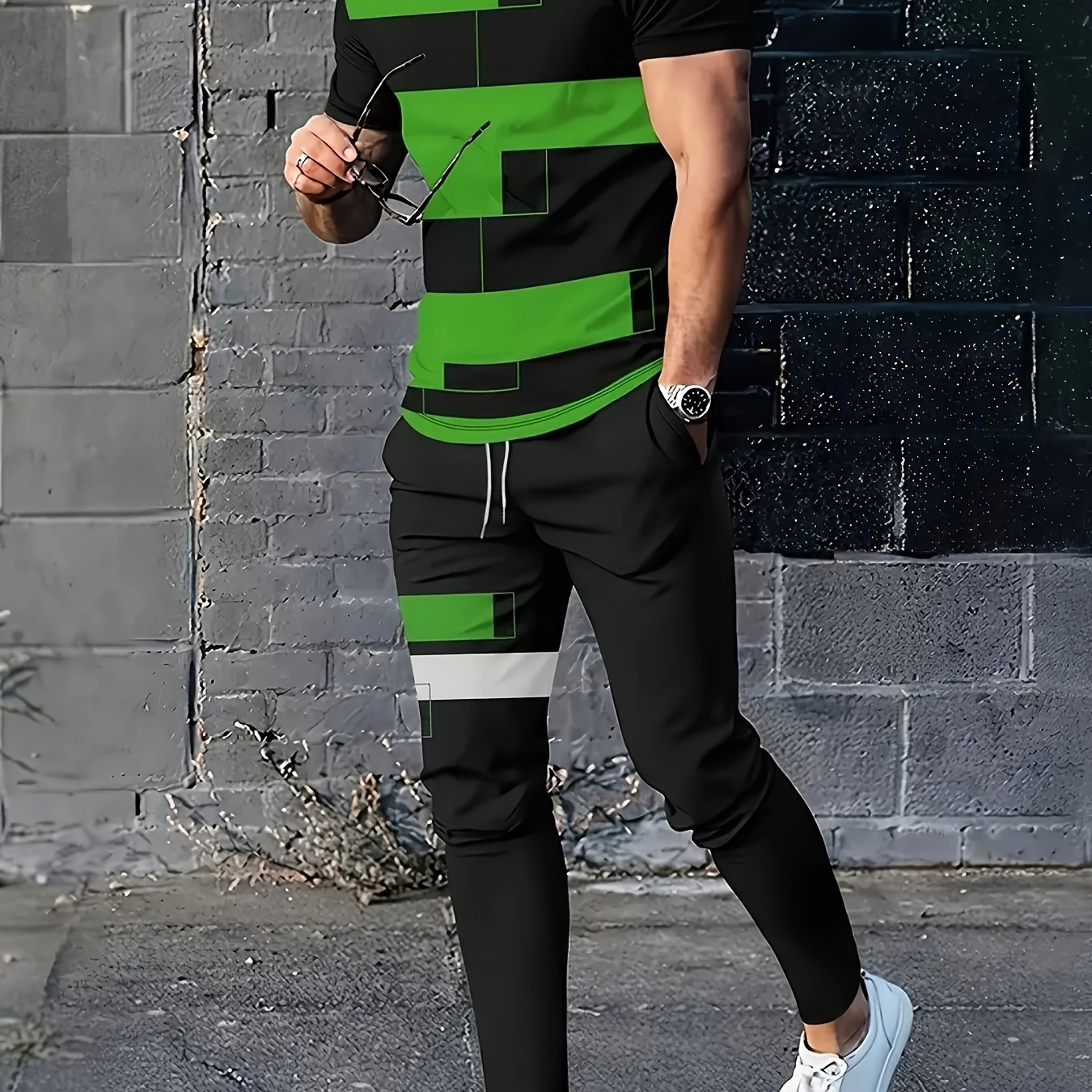 

Men's Outfit, Geometric Pattern Casual Crew Neck Short Sleeve T-shirt & Drawstring Joggers 2-piece Set For Outdoor Activities