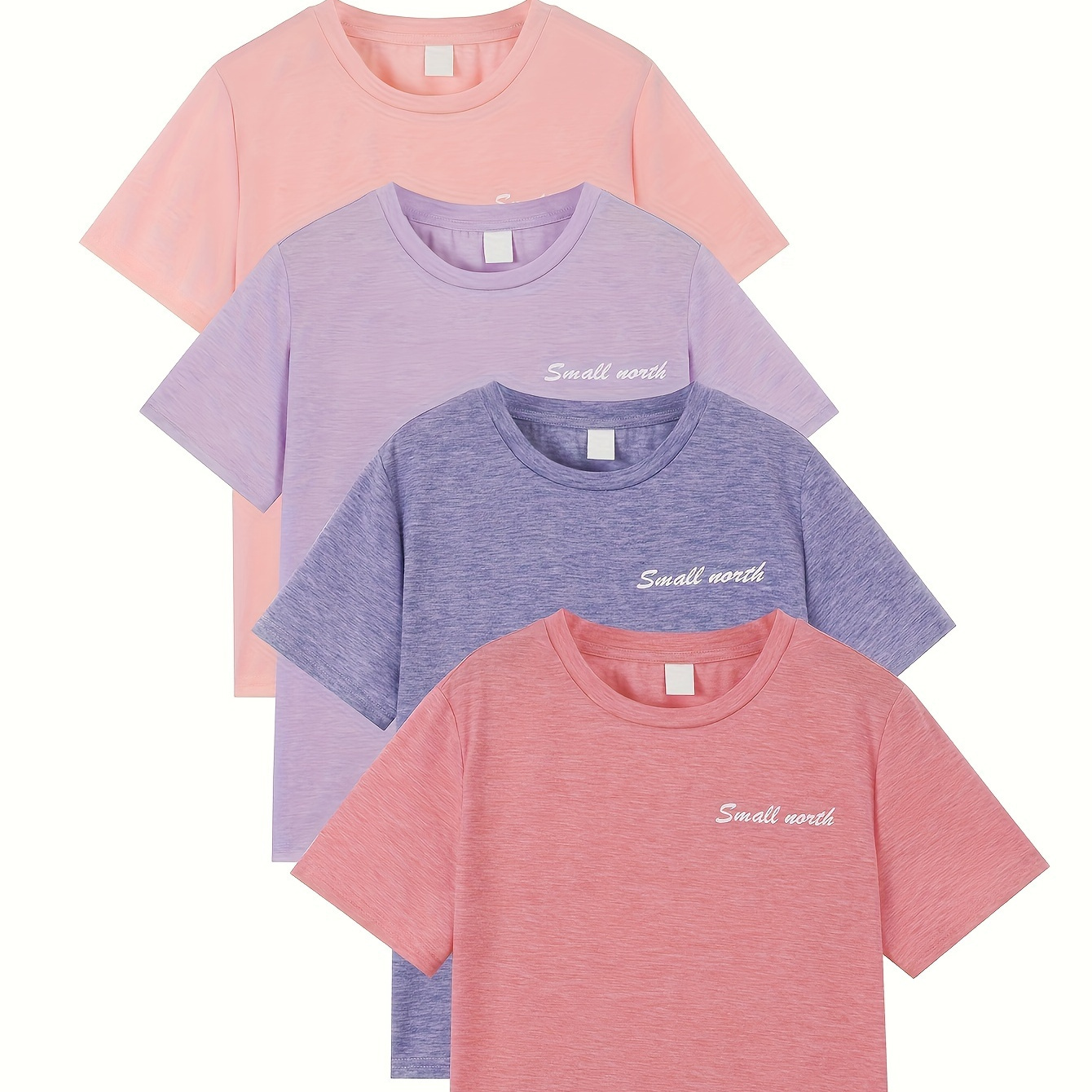 

4pcs, Girls Solid Color Letters Print Crew Neck T-shirts, Casual Loose Short Sleeve Trendy Summer Tee Comfy Top
