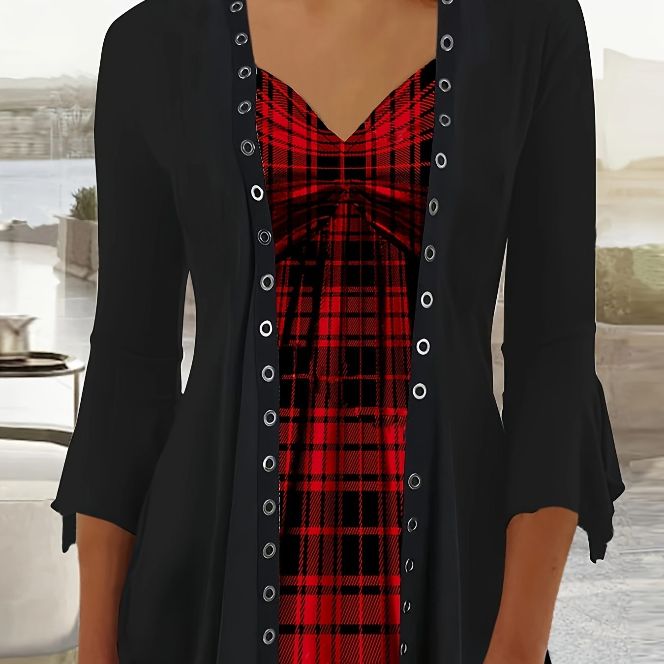 

Women'-inspired Gingham V-neck Tunic With Grommet Detail - Polyester Knit, -quarter Length Sleeves, Medium Stretch, Regular Fit Pullover Top