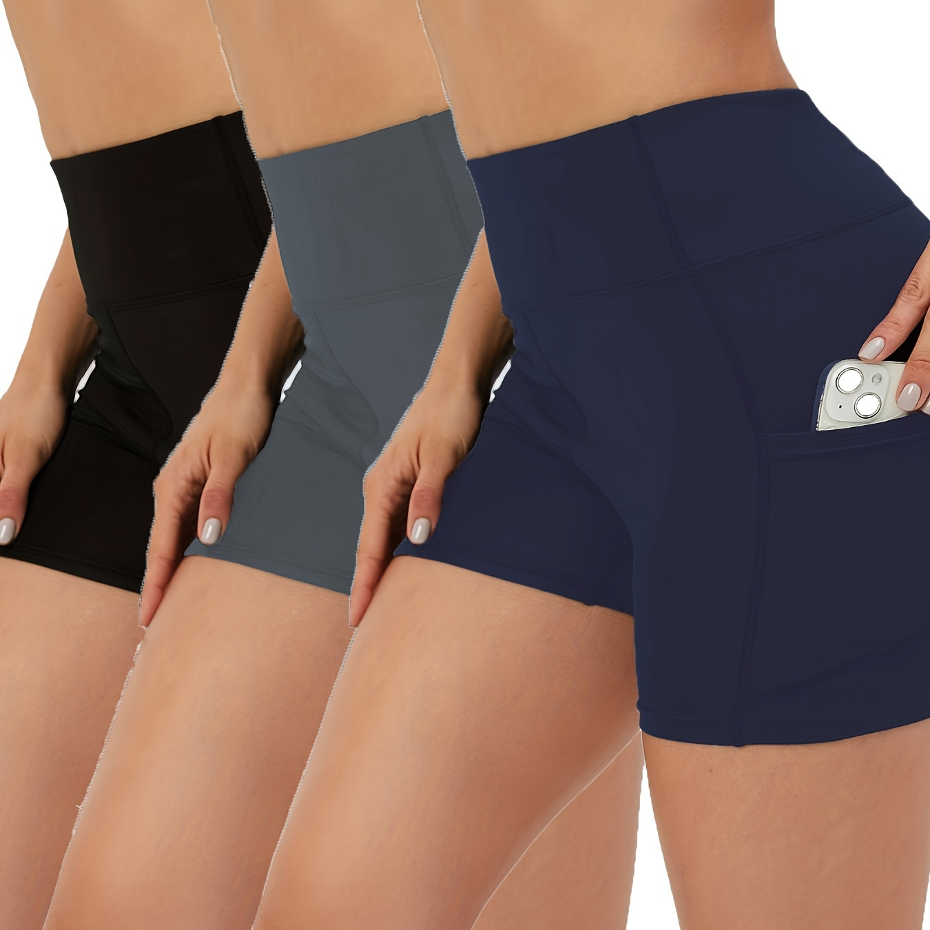 

3-pack High-waisted Pocket Sports Shorts, Quick-dry, Butt Lifting, Yoga, Running, Gym, Athletic Shorts, Solid Color, Multiple Sizes
