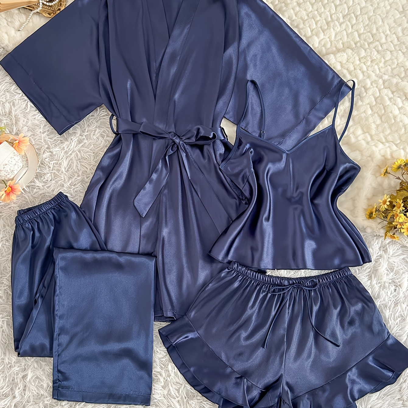 

Women's Simulated Silk Autumn And Winter Four-season V-neck Comfortable And Sexy Sleepwear Set With Long Pants, Consisting Of 4pcs.