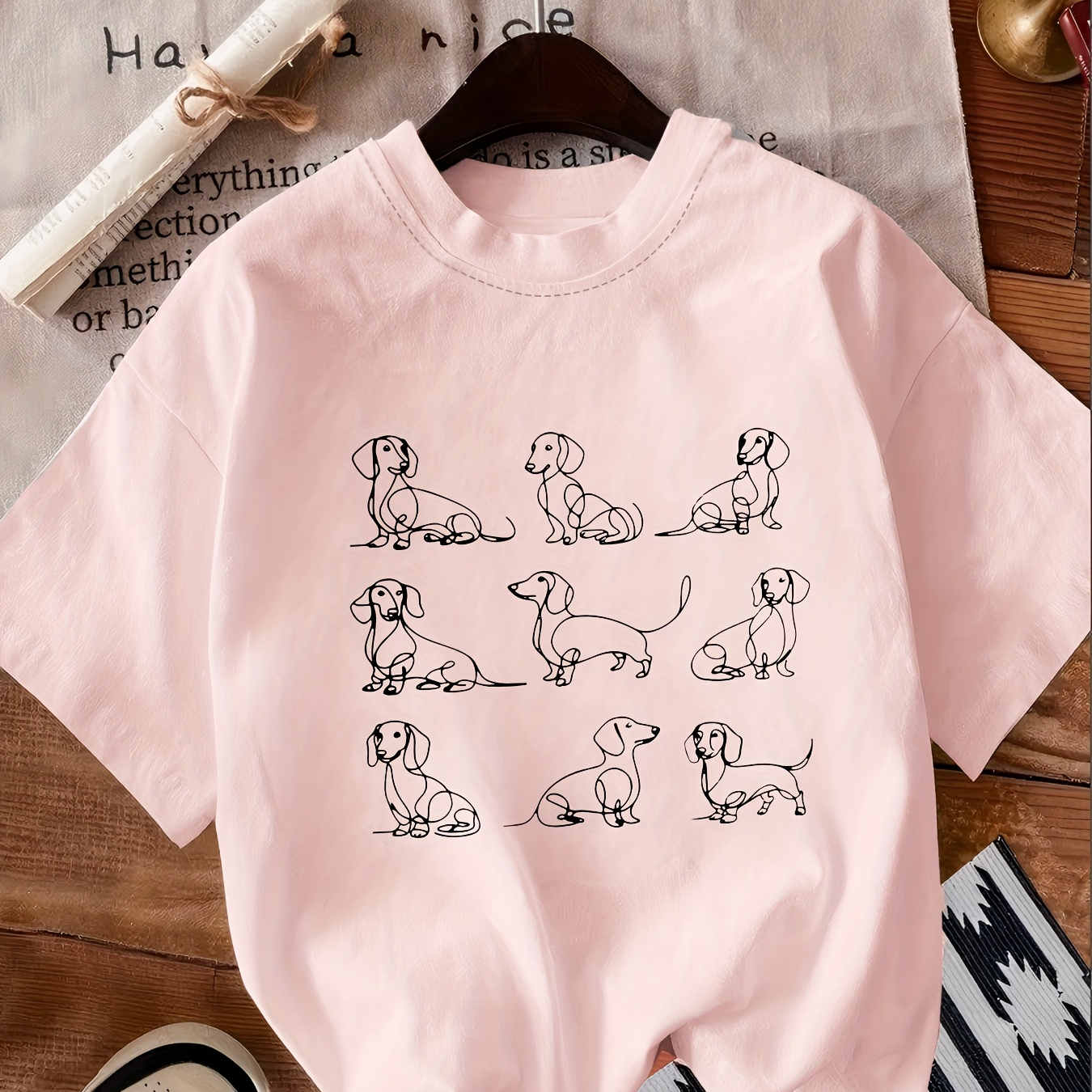 

1pc Women's Casual Polyester T-shirt With Geometric Dachshund Print, Short Sleeve Crew Neck Top With Stretch, Knit Fabric, Fashion Clothing