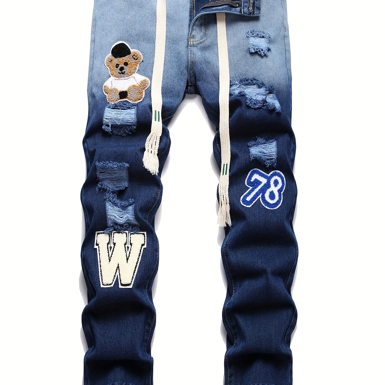 

Men's Street Style Ripped Denim Pants With Bear & Letters Pattern, Regular Jeans For Males