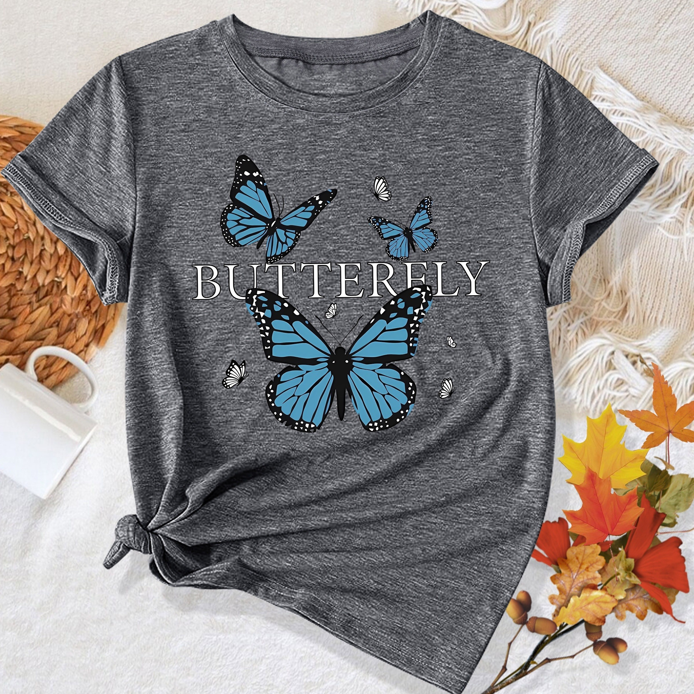 

Butterfly & Letter T-shirt, Crew Neck Short Sleeves Pullover Sports Tee, Women's Comfy Tops