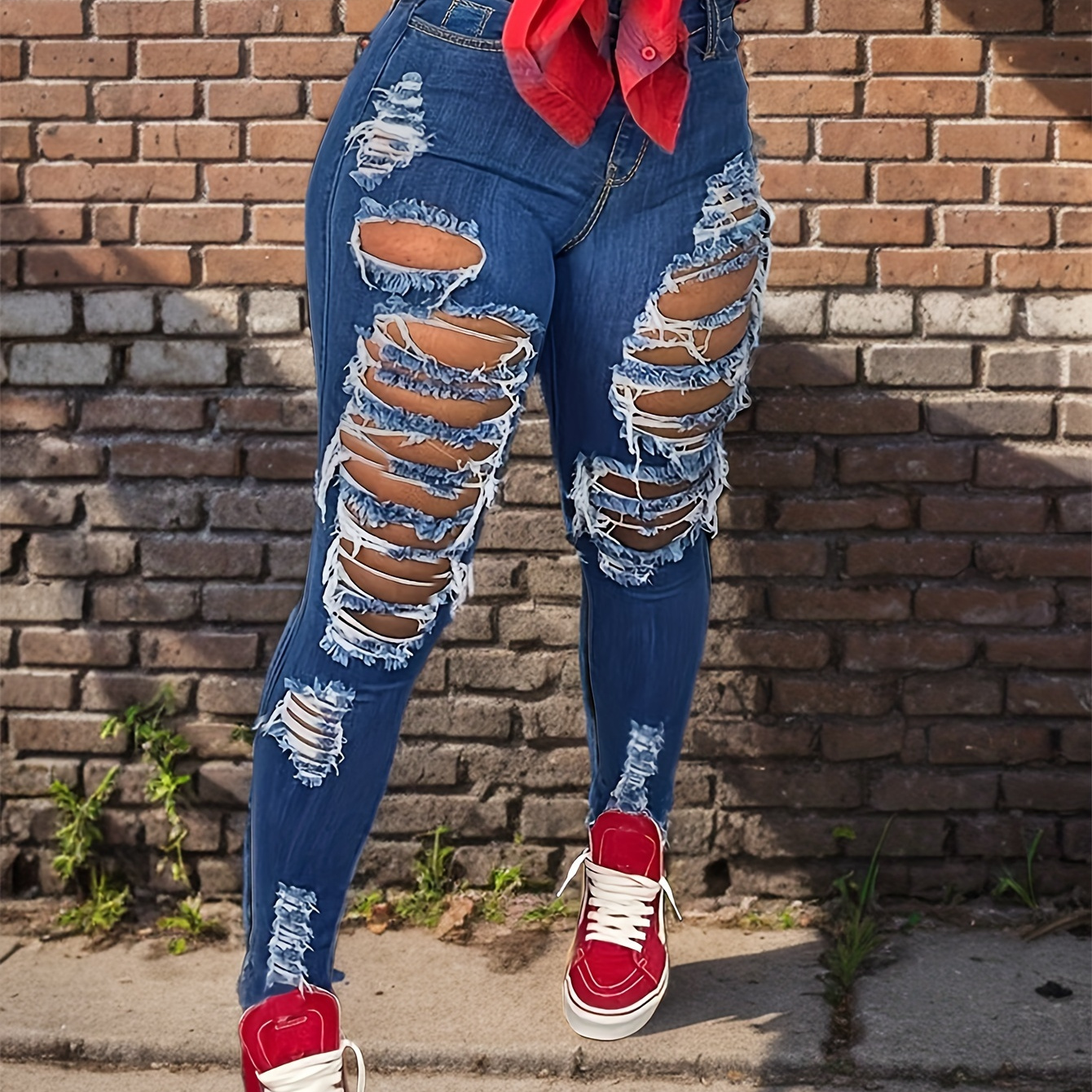 

Ladies' Classic Distressed Torn Jeans, High Waisted Hem With Comfortable , Women' And Clothing