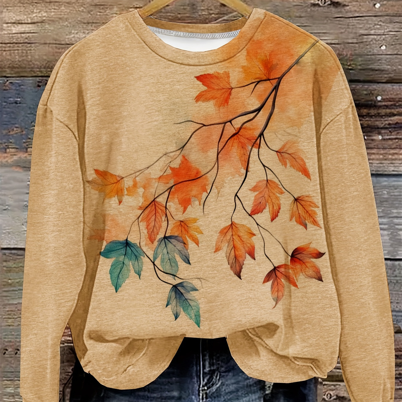 

Women's Casual Chic Sweatshirt With Maple Leaf Print - Crew Neck, Long Sleeve, Soft Polyester Blend, Machine Washable