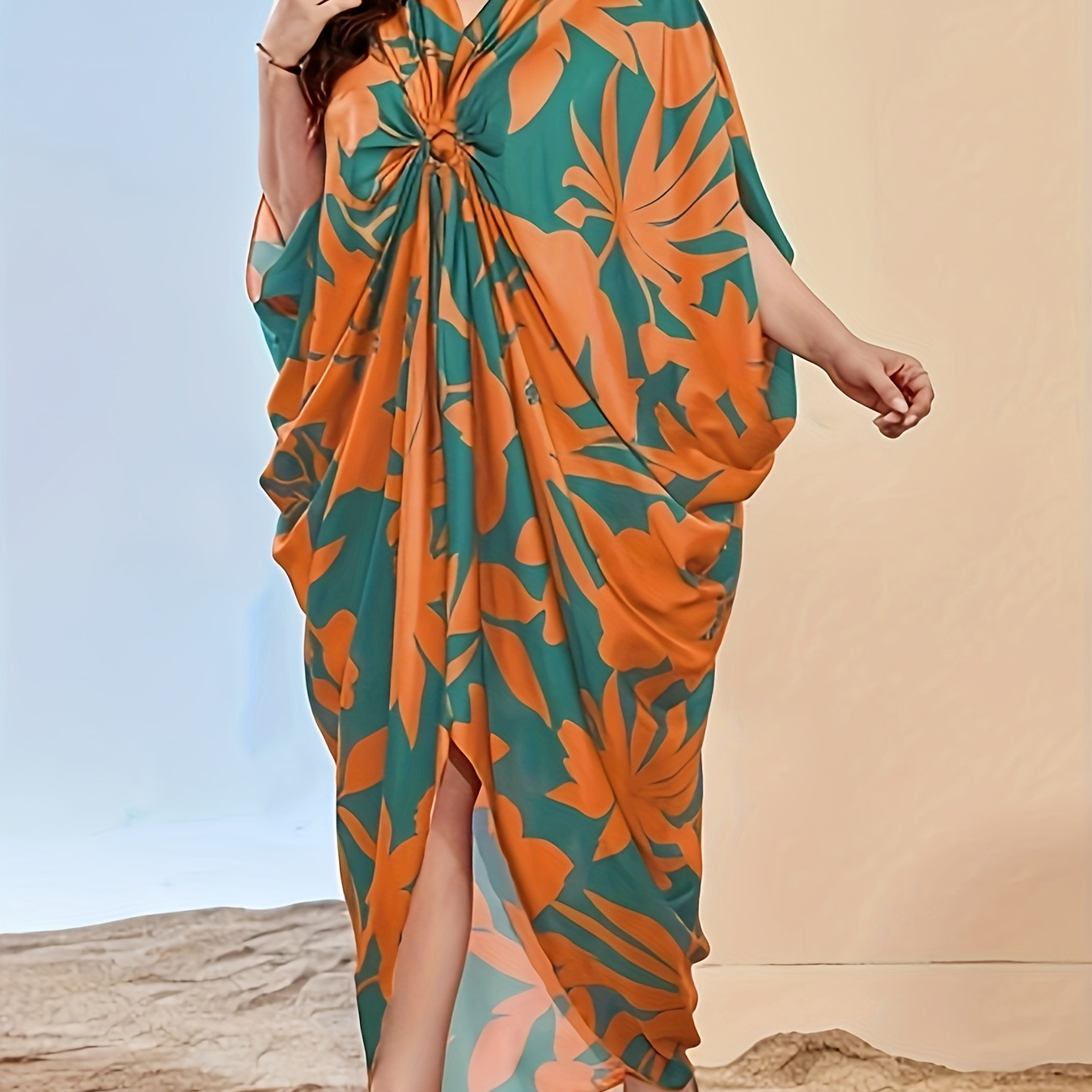 

Women's Boho Style Cover Up, Plus Size Plant Graphic Loose Fit Vacay Beach Kaftan Dress