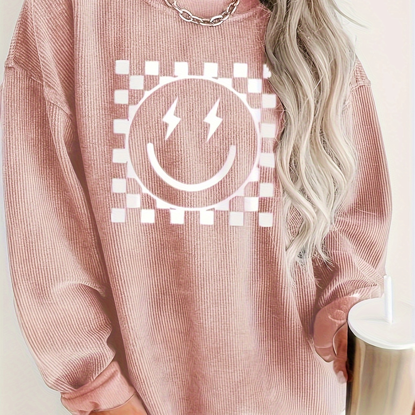 

Women's Casual Crew Neck Long Sleeve Pullover Sweatshirt With Geometric Smile Print - 100% Polyester Knit Fabric - Comfort