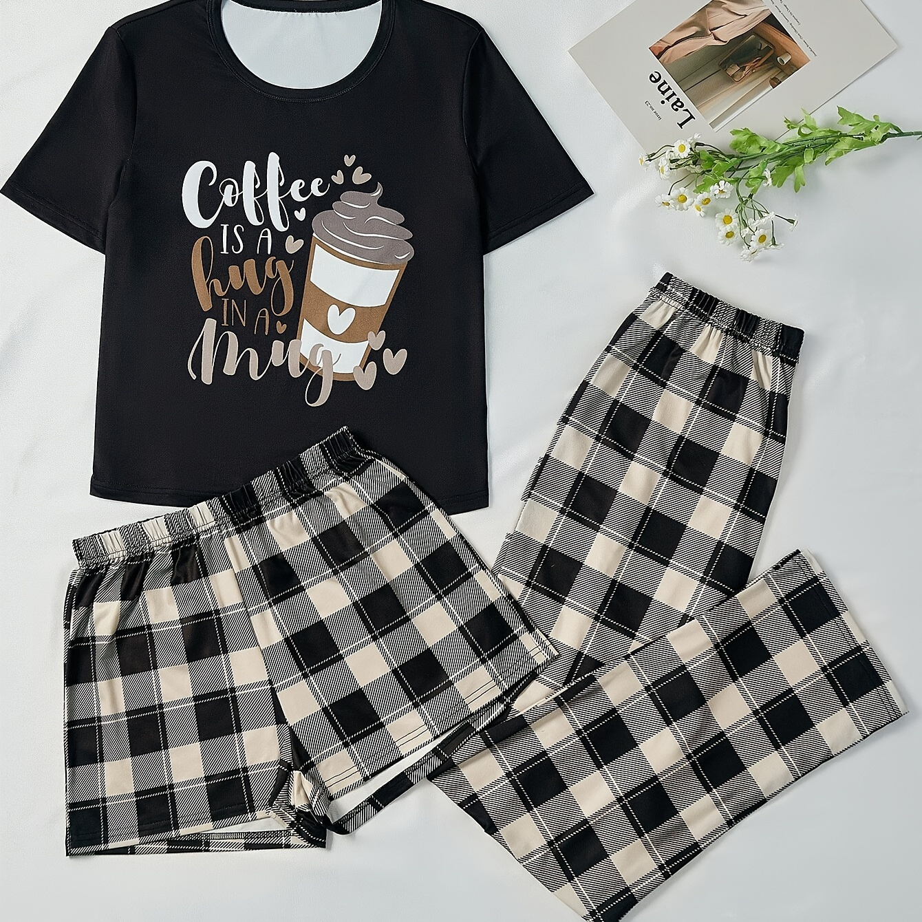 

Coffee Print Pajamas Set, Short Sleeve Crew Neck Top & Shorts & Plaid Pants, Women's Sleepwear & Loungewear