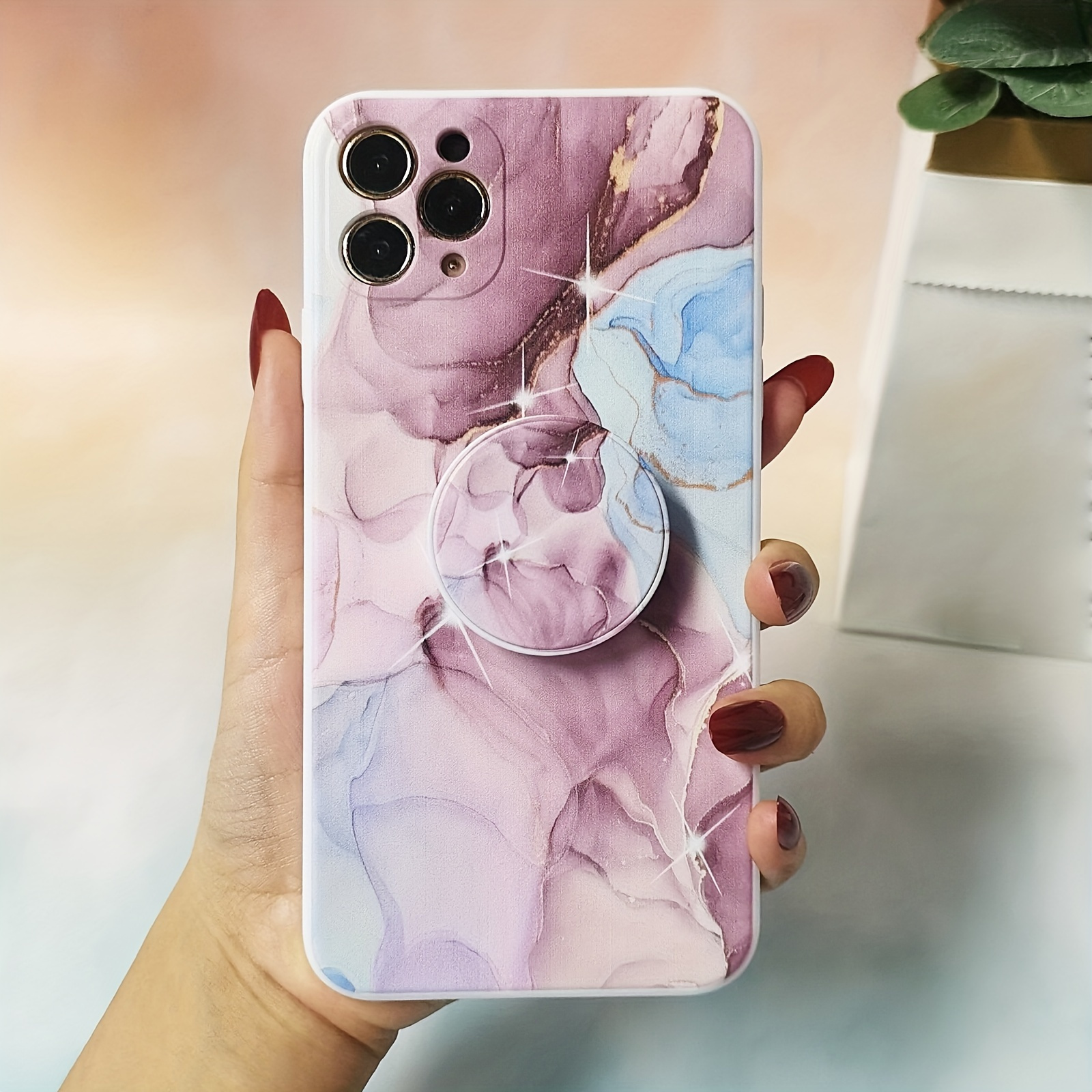 

Pink Marble Tpu Material Phone Case (with Folding Stand) For 14 13 12 11 Xs Xr X 7 8 6 Mini Plus Pro Max Se 2020/2022
