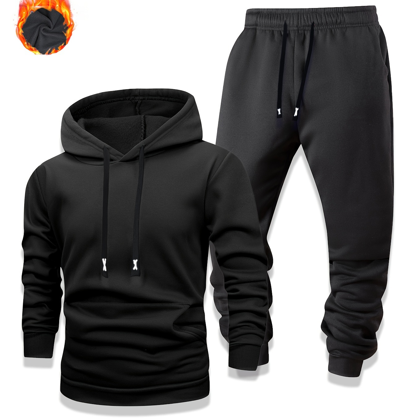 

Men's Thermal 2pcs Sets, Solid Fleece Lined Warm Long Sleeves Drawstring Hoodies & Drawstring Long Pants Two-piece Set, Slight Stretch Outfits For Winter And Autumn