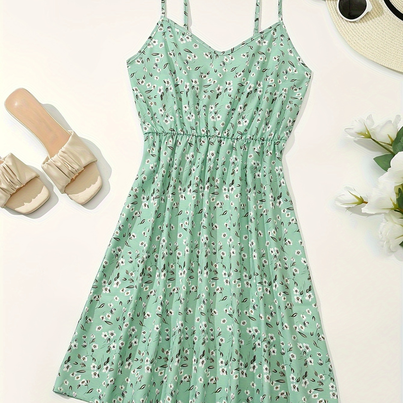 

Floral Print Spaghetti Strap Dress, Vacation Style Sleeveless Mini Dress For Spring & Summer, Women's Clothing