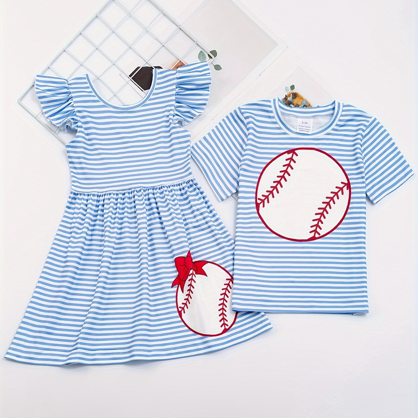 

1pc Family Matching Brother & Me, Stripped Baseball Graphic Dress For Girls Summer Gift