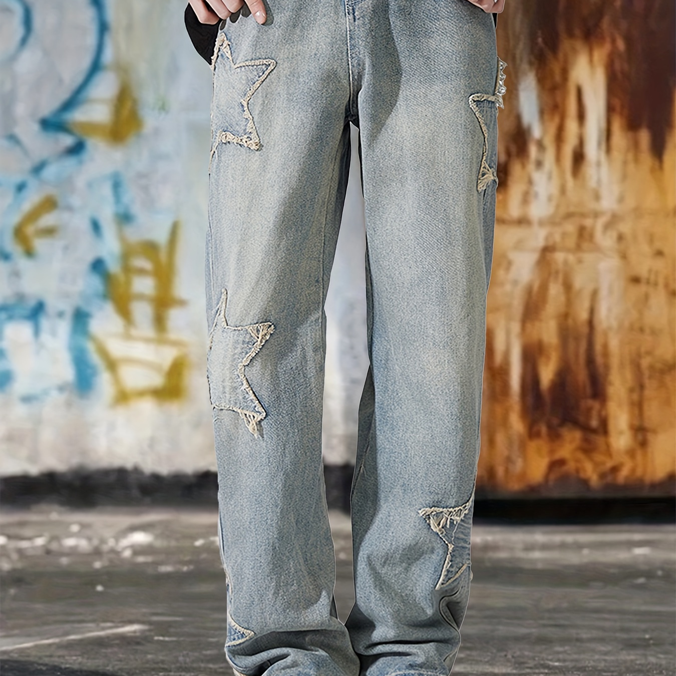 Star Pattern Loose Fit Vintage Jeans Men's Casual Street - Temu