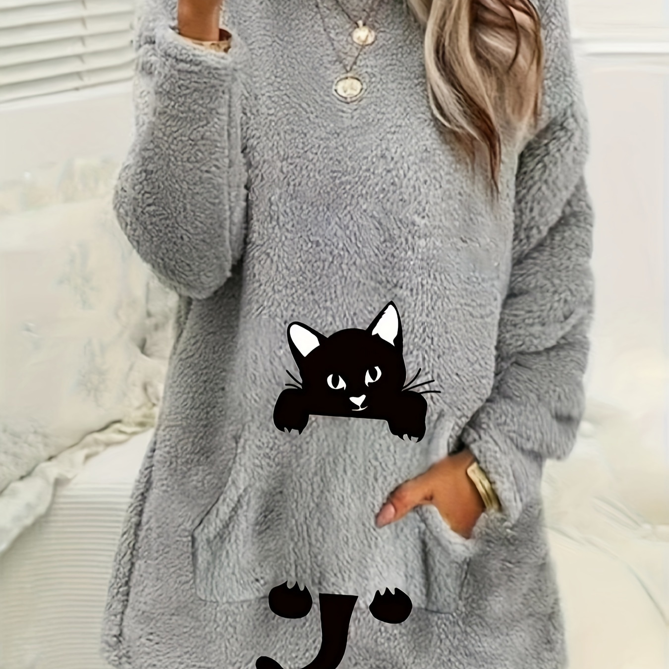 

Printed Fleece Hoodie, Casual Long Sleeve Round Neck Sweatshirt, With Pockets, Autumn And Winter Women's Clothing