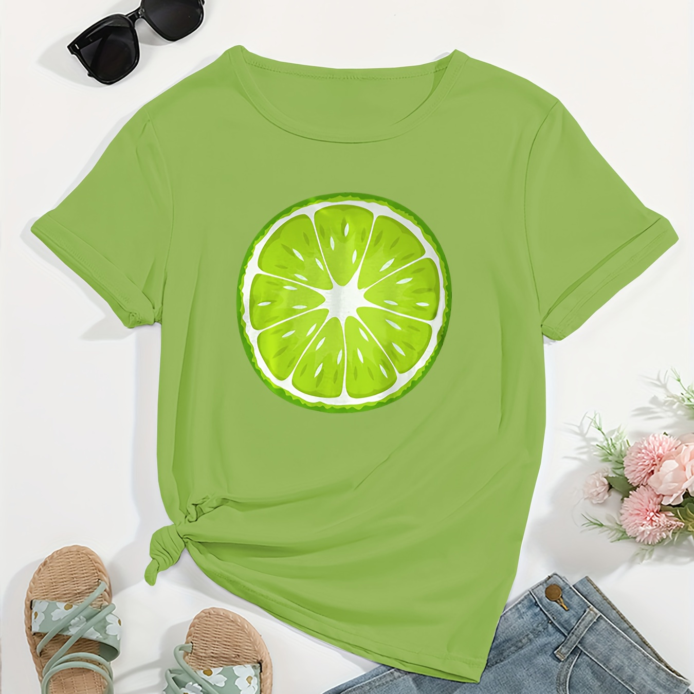

Women's Casual Short Sleeve T-shirt With Refreshing Lime Print, Soft Comfortable Summer Tee
