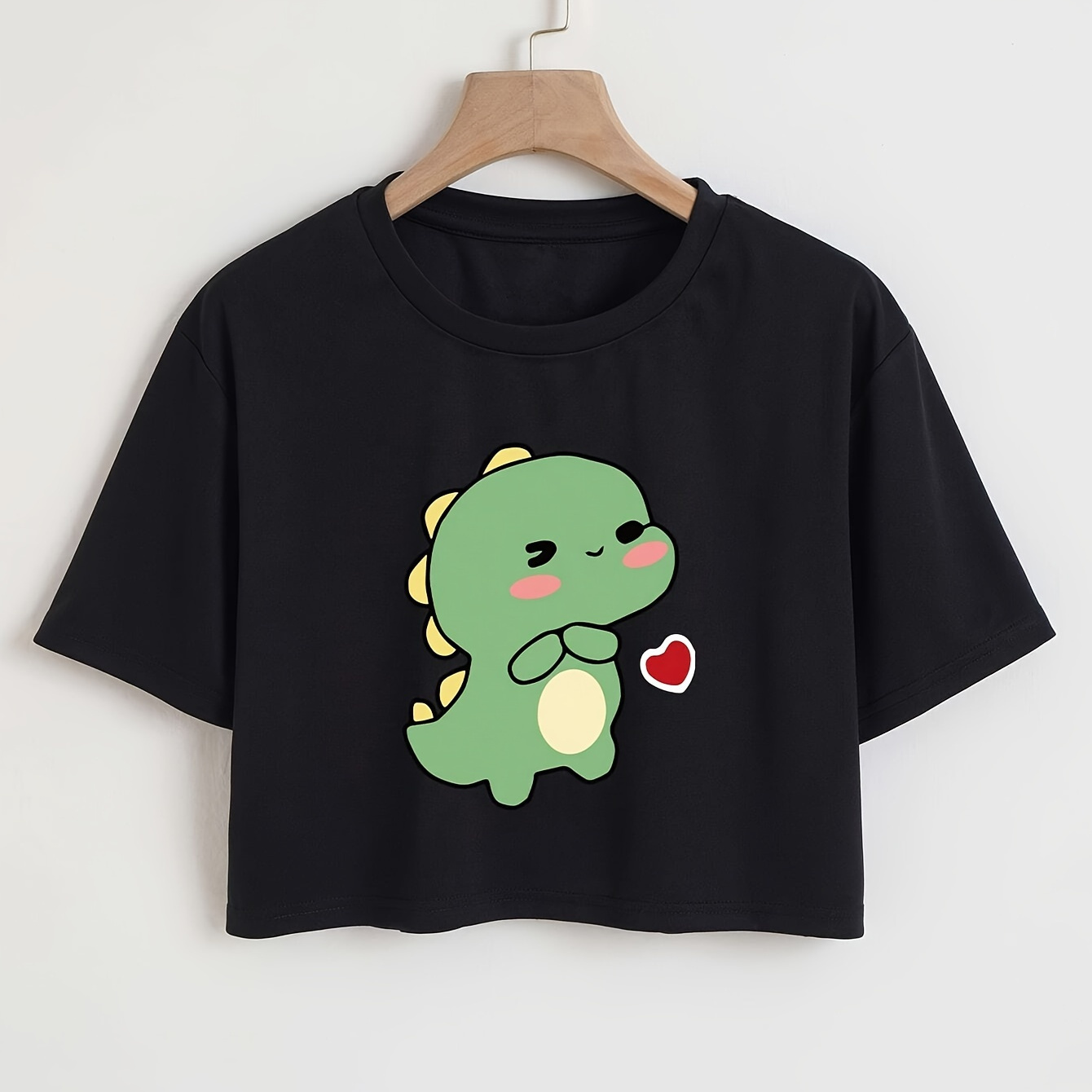 

Cute Dinosaur Print Casual Crop T-shirt, Crew Neck Short Sleeve Top For Spring & Summer, Women's Clothing