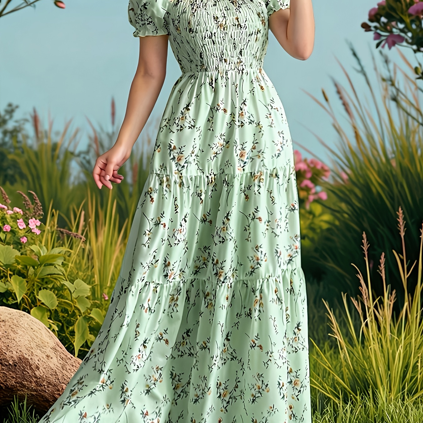 Flower motif puffsleeve dress M-long グレー womens floral neck puff sleeve elegant a line - Temu United Kingdom
