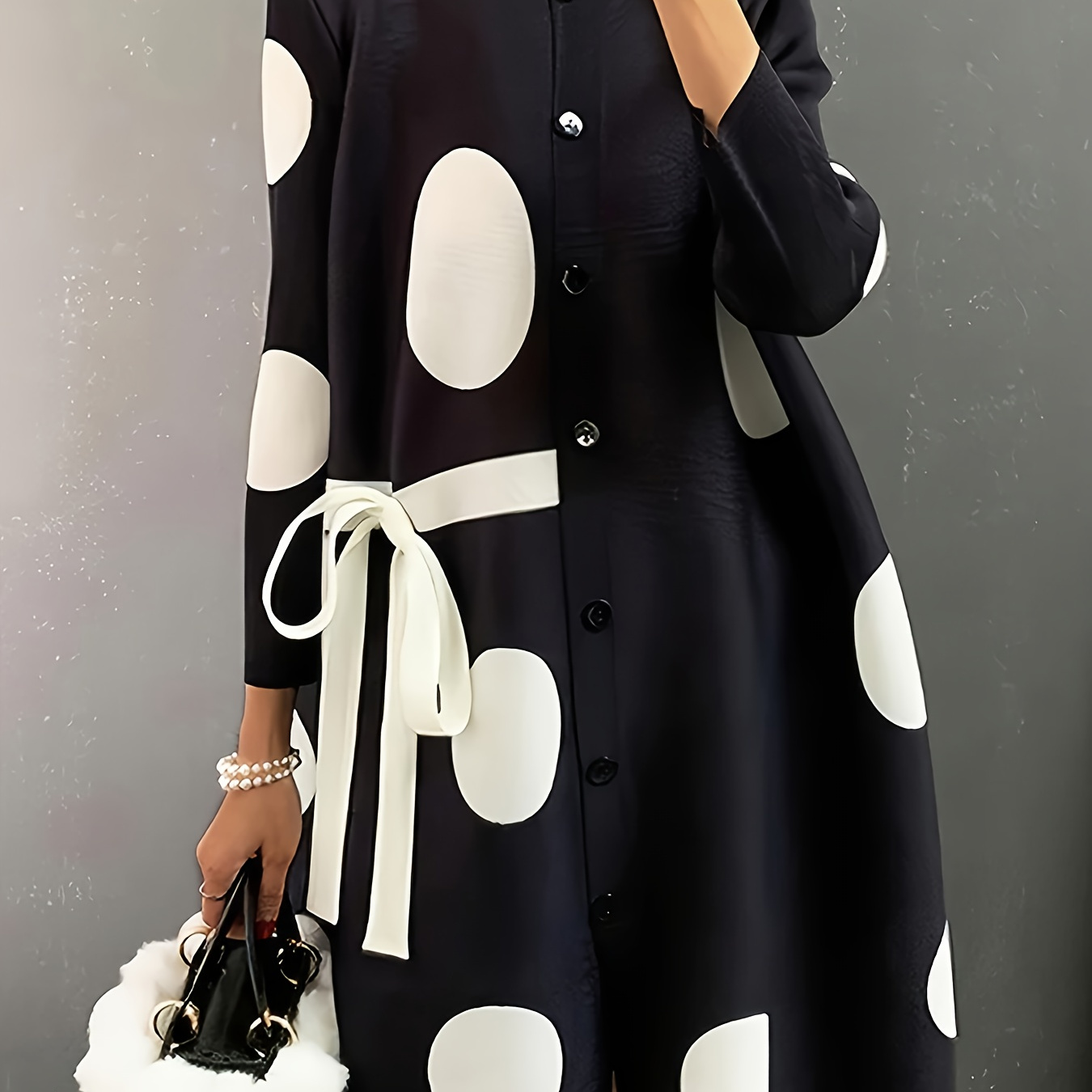 

Women's Elegant Polka-dot Midi Dress With Tie Waist And Front - Long Sleeve, Loose Fit, Stand Collar, ,