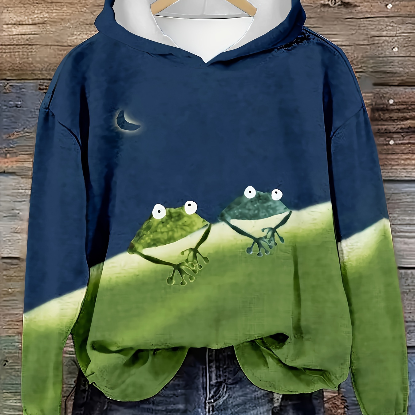 

Plus Size Frog Print Hoodie, Casual Color Block Long Sleeve Hooded Sweatshirt, Women's Plus Size Clothing