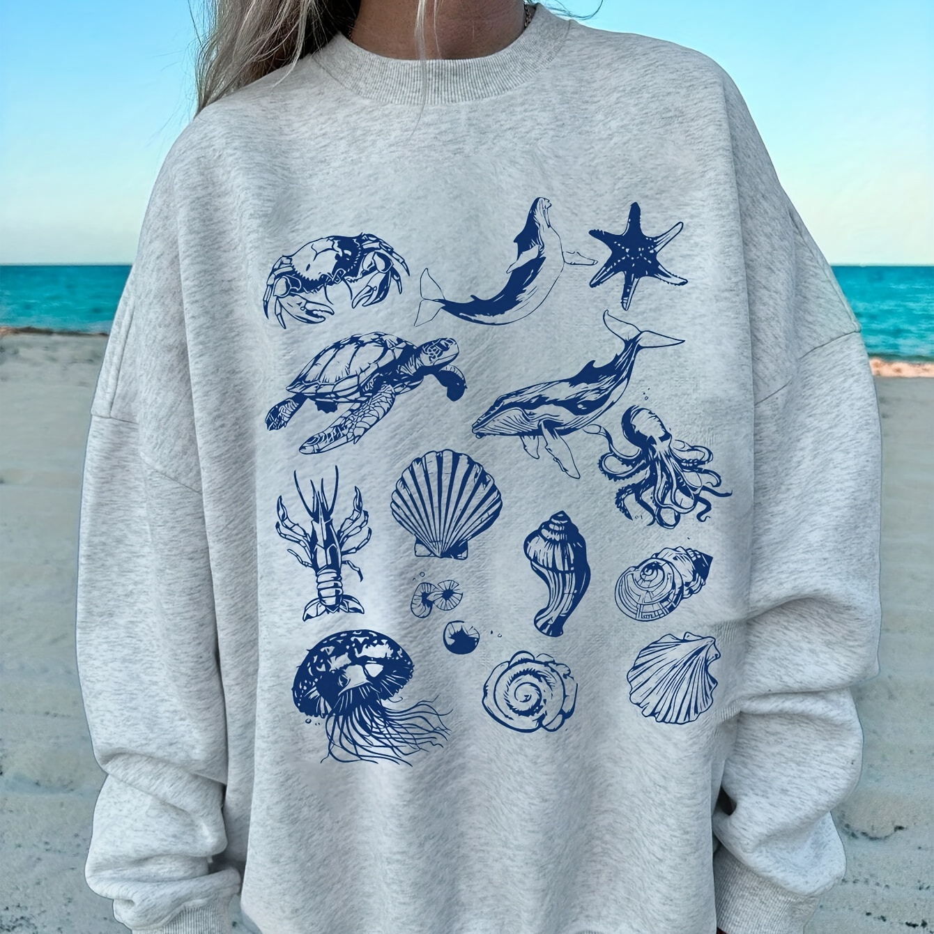 

Ocean Life Print Pullover Sweatshirt, Casual Long Sleeve Crew Neck Sweatshirt For Fall & Winter, Women's Clothing