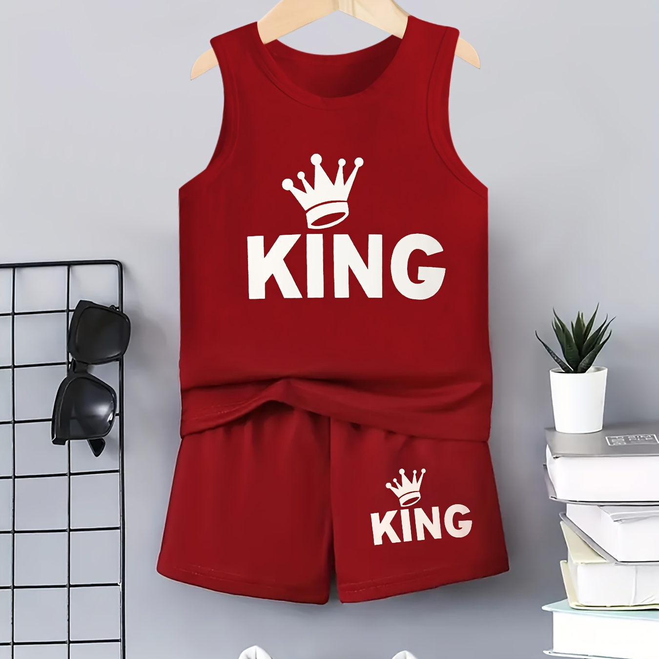 TEMU 2pcs Crown And King Letter Graphic Print Boys Creative Sleeveless Tank Tops&shorts Set, Casual Crew Neck Fitness Vest&shorts, Kids Clothing