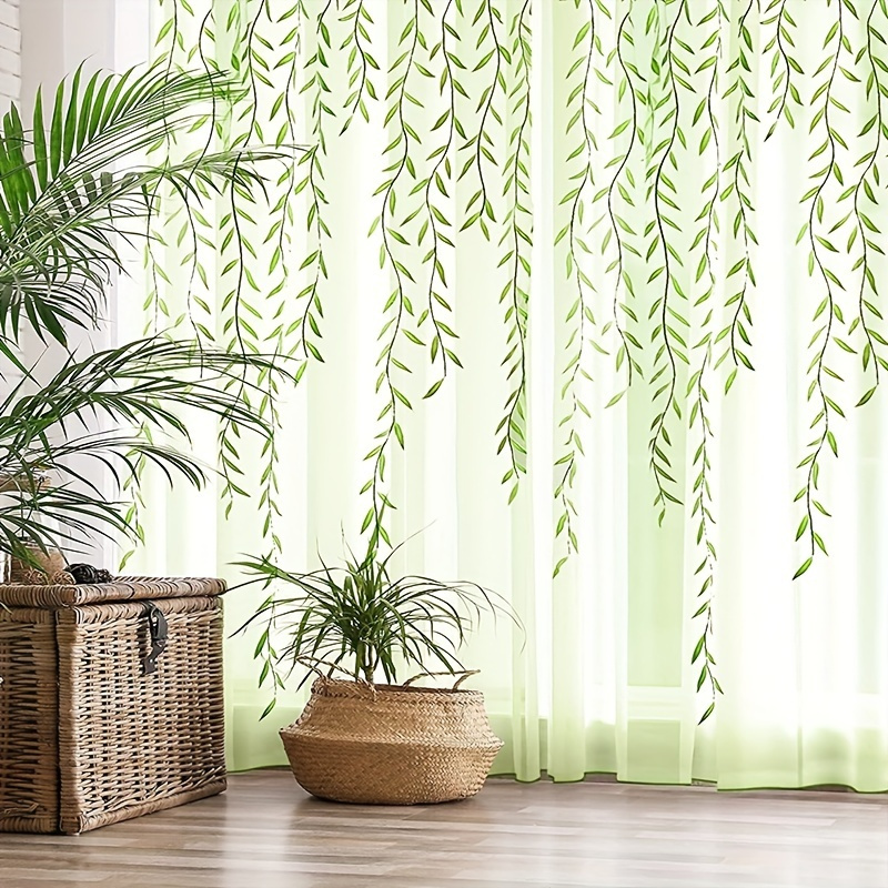 

1pc Elegant Willow Leaf Strip Window Sheer Curtains For Home Decor - Rod Pocket Design For Kitchen, Bedroom, Study, Cafe, And Living Room