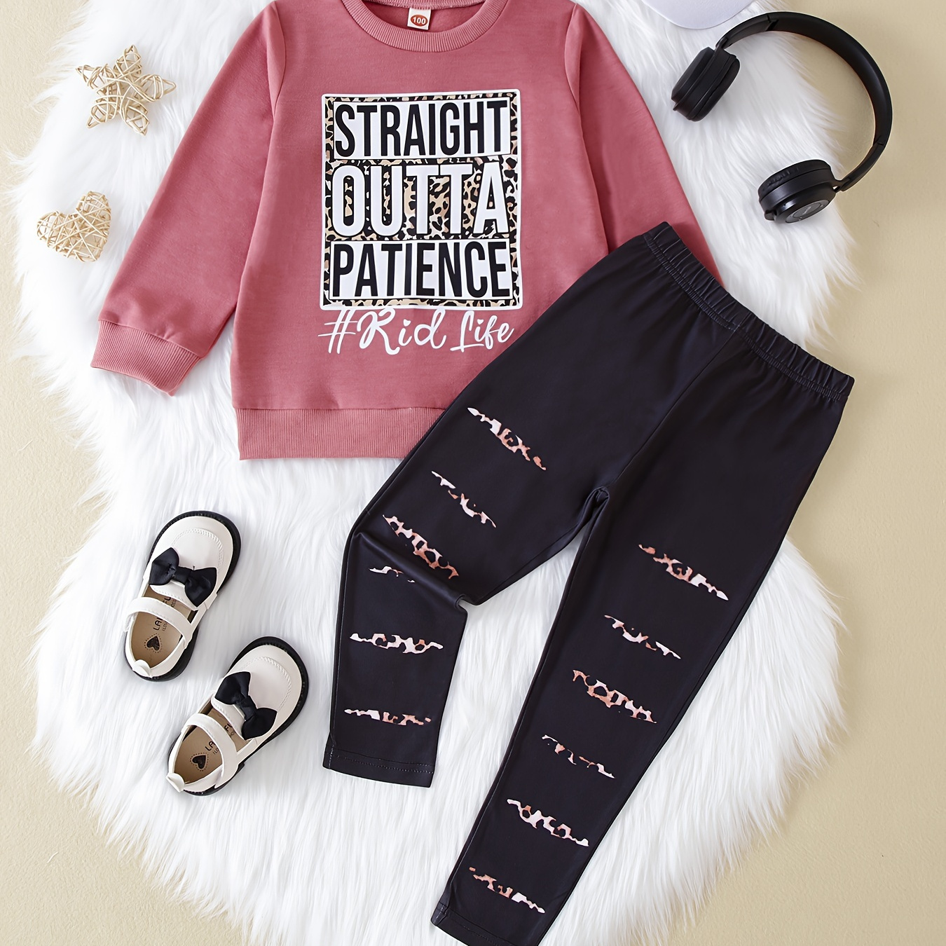 

Trendy 2pcs Letter Print Crew Neck Sweatshirt Top + Pants Set Spring Fall Girls Gift