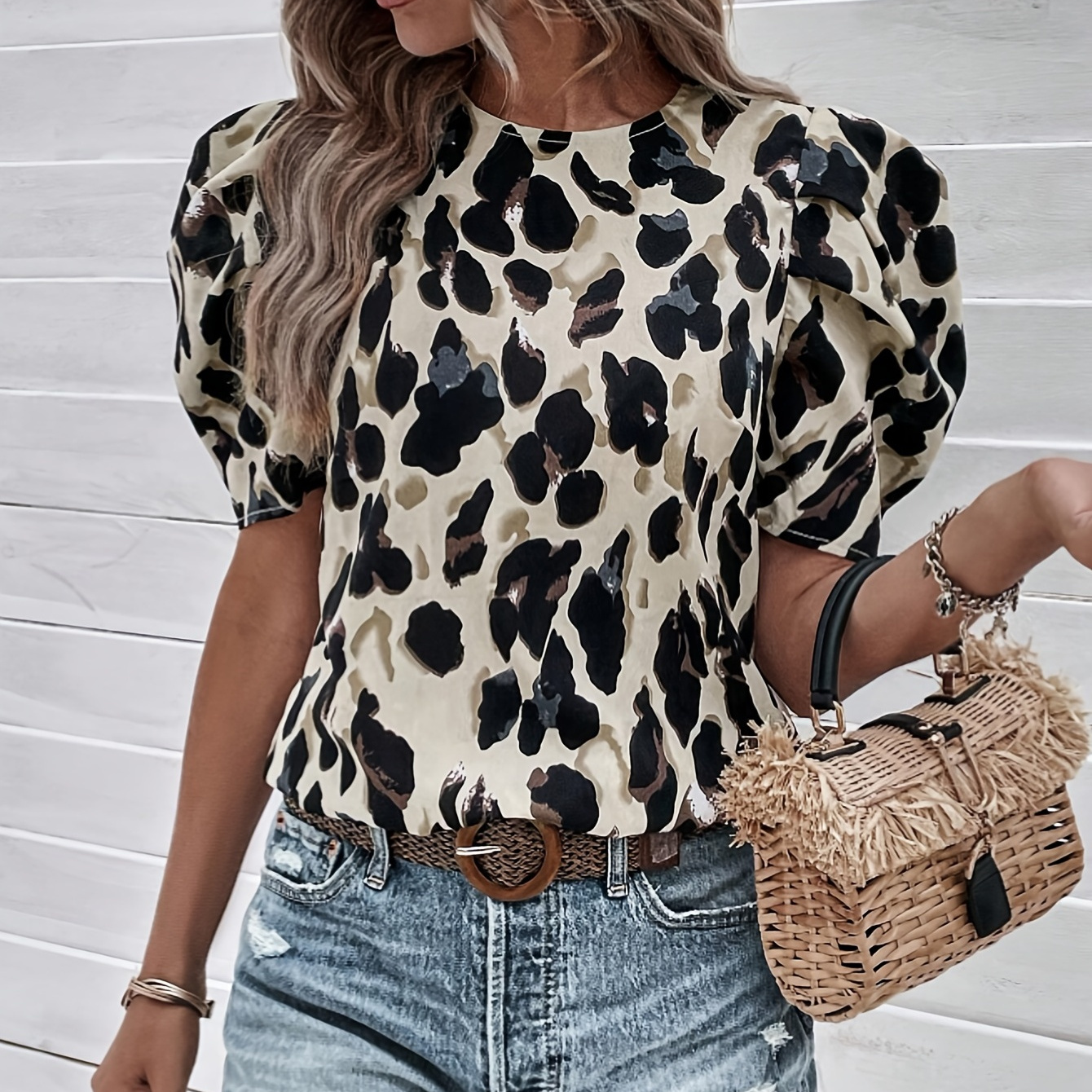 

All Over Print Crew Neck Blouse, Casual Puff Sleeve Blouse For Spring & Summer, Women's Clothing