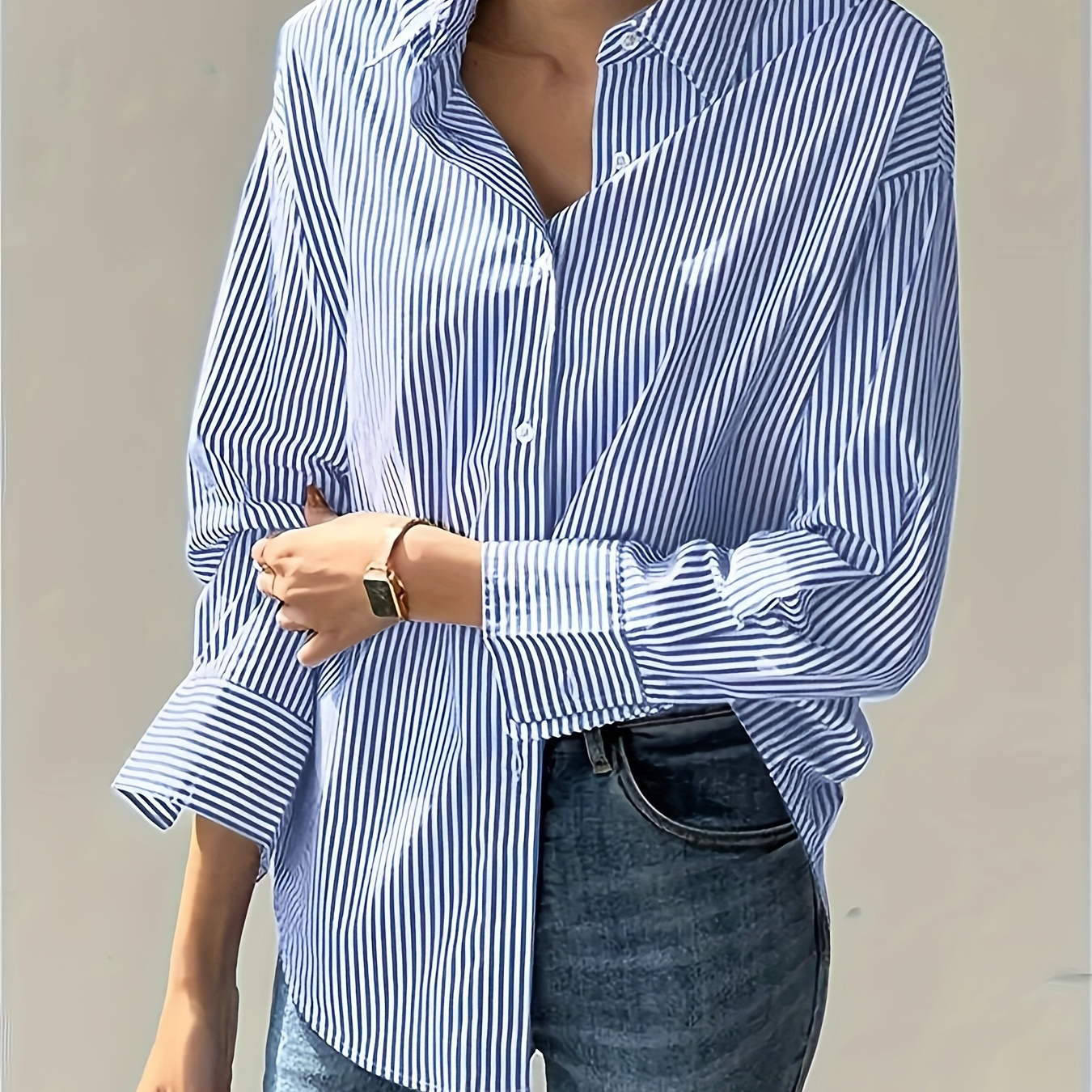 

Striped Print Button Front Shirt, Casual Long Sleeve Shirt For Spring & Fall, Women's Clothing