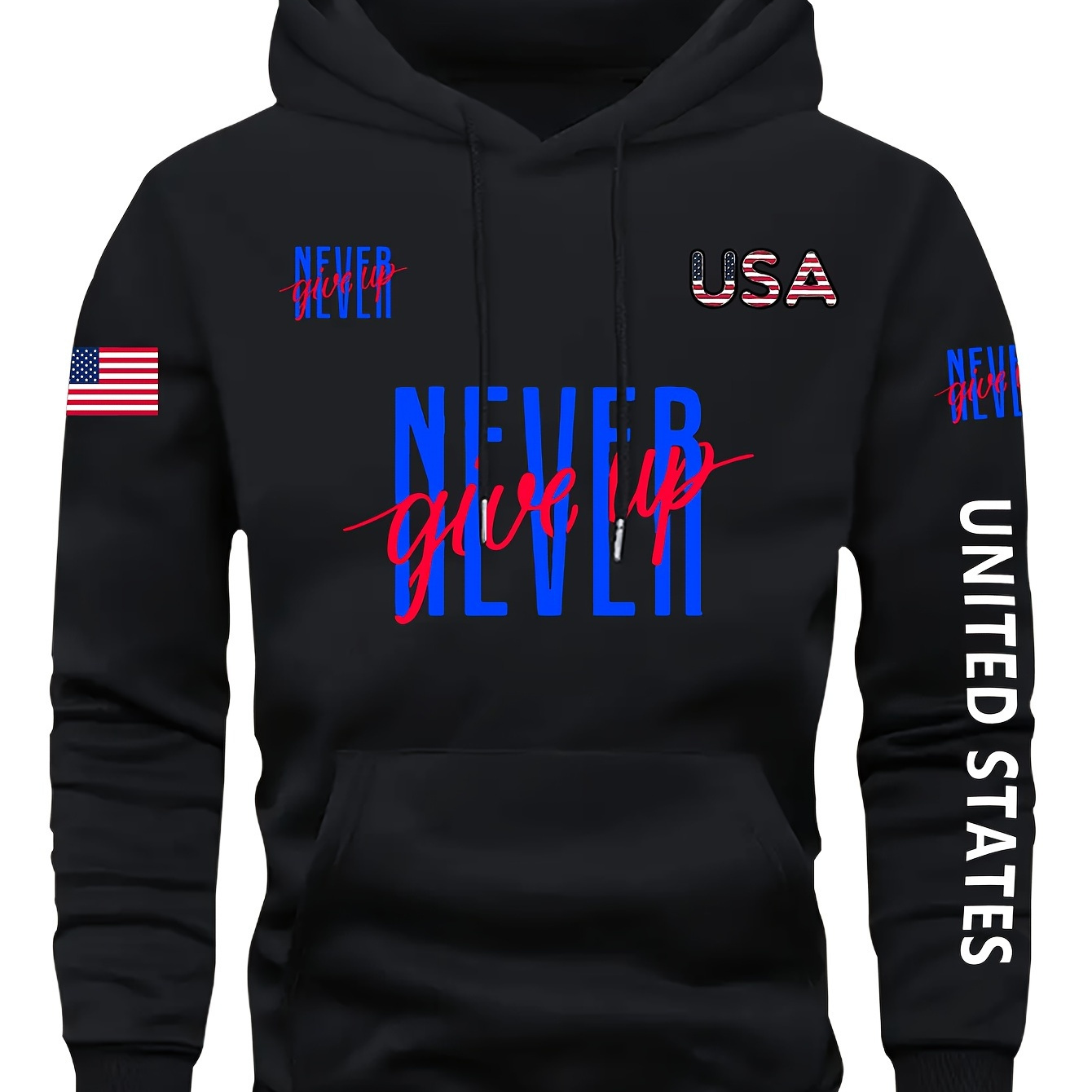 

Never Give Up Usa Flag Design Print, Men's Fashion Casual Hoodie With Drawstring, Comfy Long Sleeve Pullover Hoodie, Ideal For Daily And Outdoor Wear