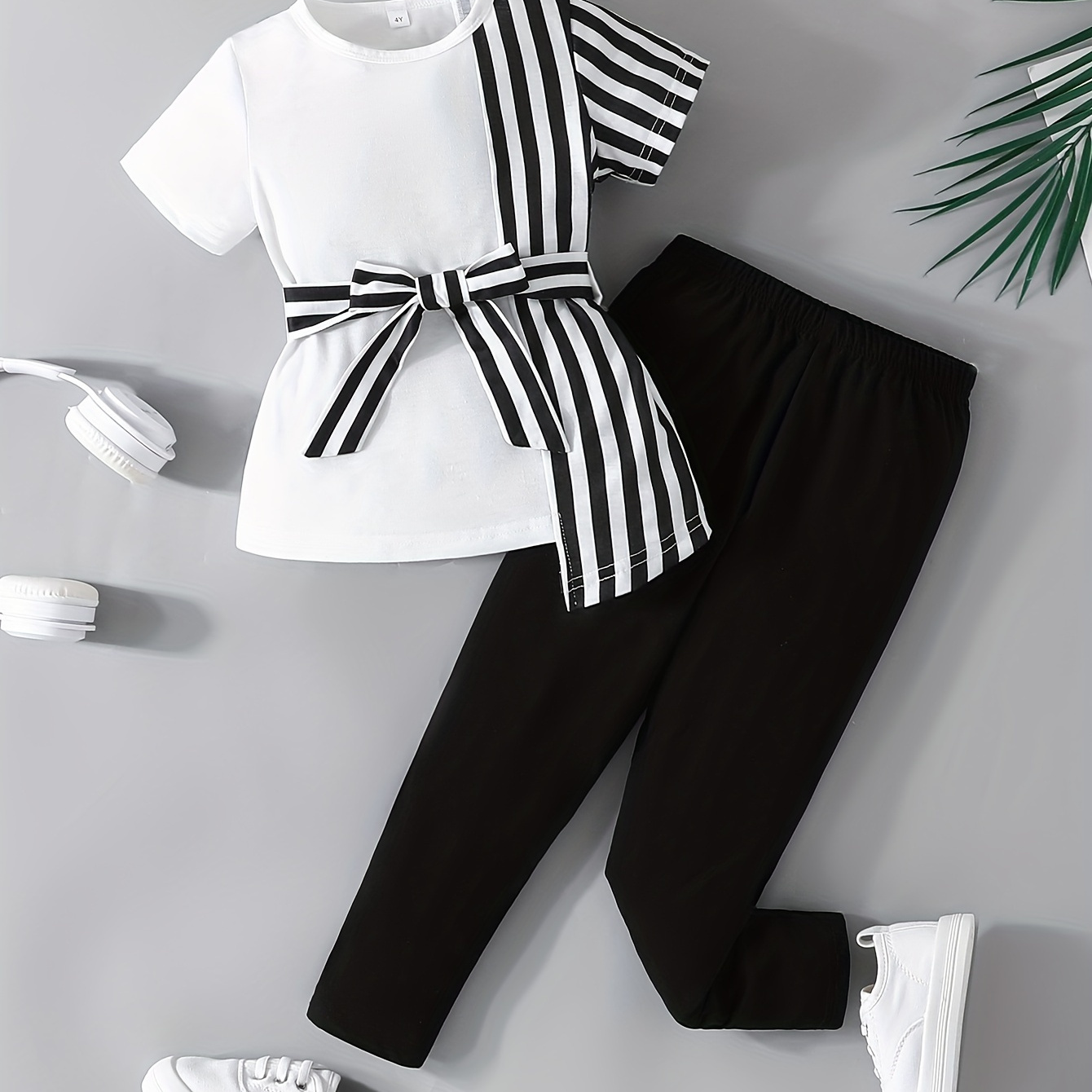 

Girl's Set, Chic Stripe Spliced Tunic Top + Belt + Solid Pants, Casual Going Out Girls Summer Clothes