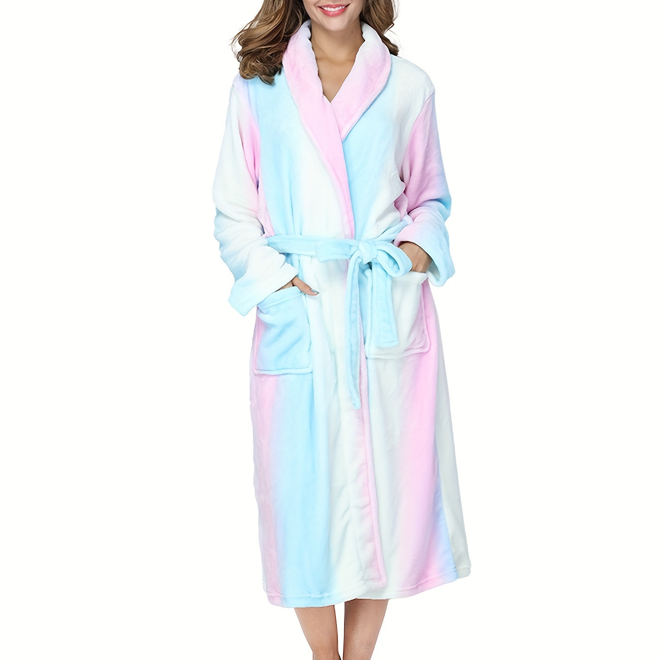 

Women's Rainbow Print Flannel Fleece Robe, Cozy Lounge Bathrobe With Shawl Collar, Long Sleeve, Belt Closure, Side Pockets, Soft Party Style, Warm Winter Nightwear