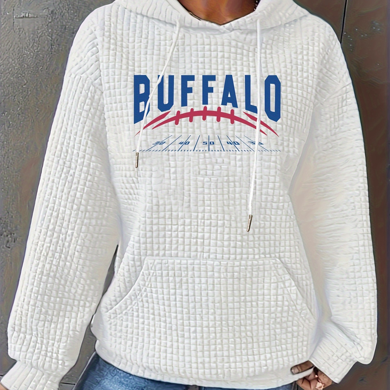 

Women's Hoodie Sweatshirt - Casual Polyester H-shaped Pullover With Long Sleeves, Knee Pockets, And Embroidered Football Design - Knit Fabric Pullover Sweatshirt