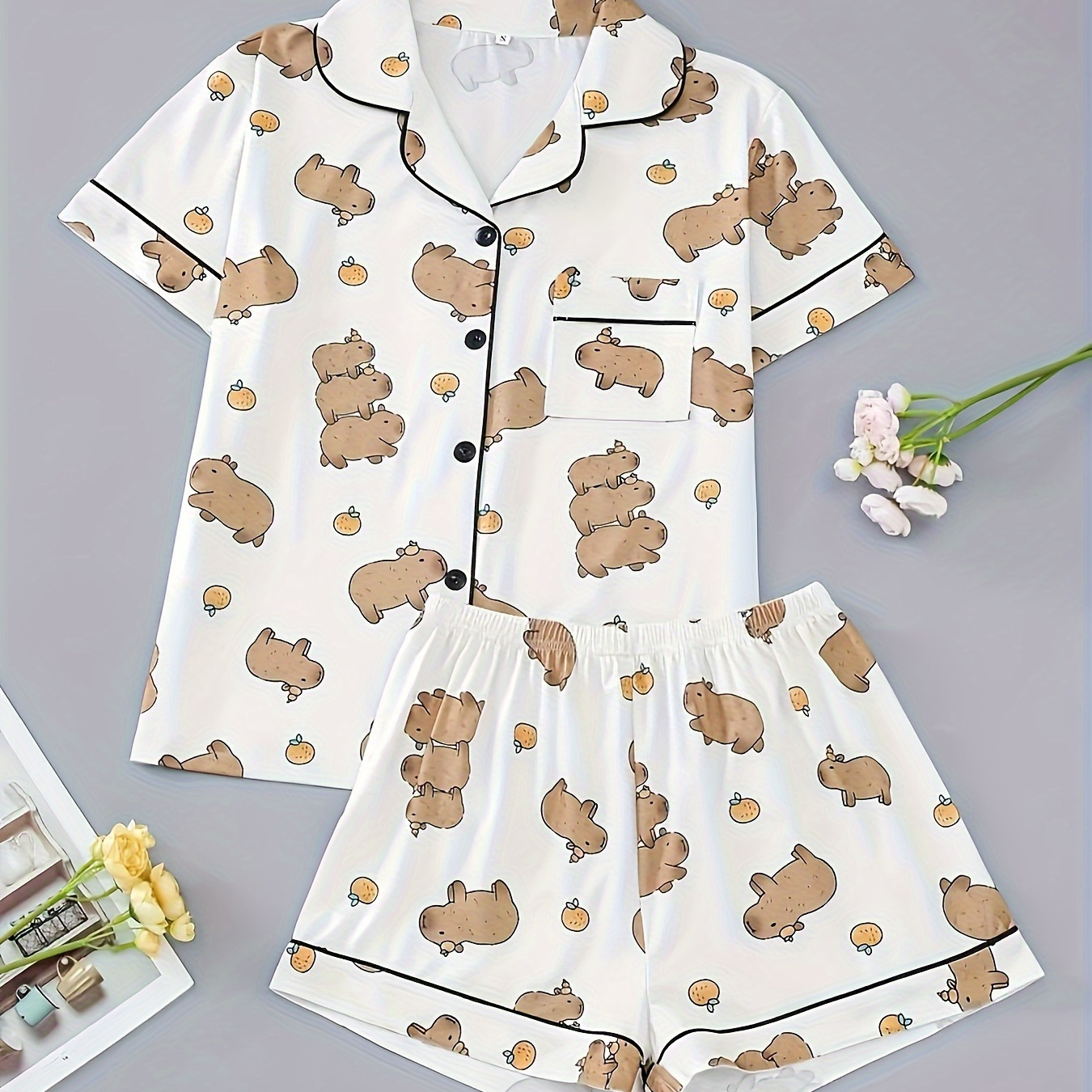 

Women's Cute Cartoon Capybara Print Silky Pajama Set, Short Sleeve Buttons Lapel Top & Shorts, Comfortable Relaxed Fit