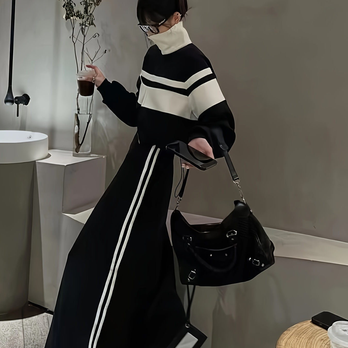 

2pcs Casual Polyester Skirt Suit Set For Women, Fall/winter Knit Fabric Outfit, Solid Color Sweater Skirt Ensemble With Stand Collar, With Long Sleeve Top And Side Design, For Black