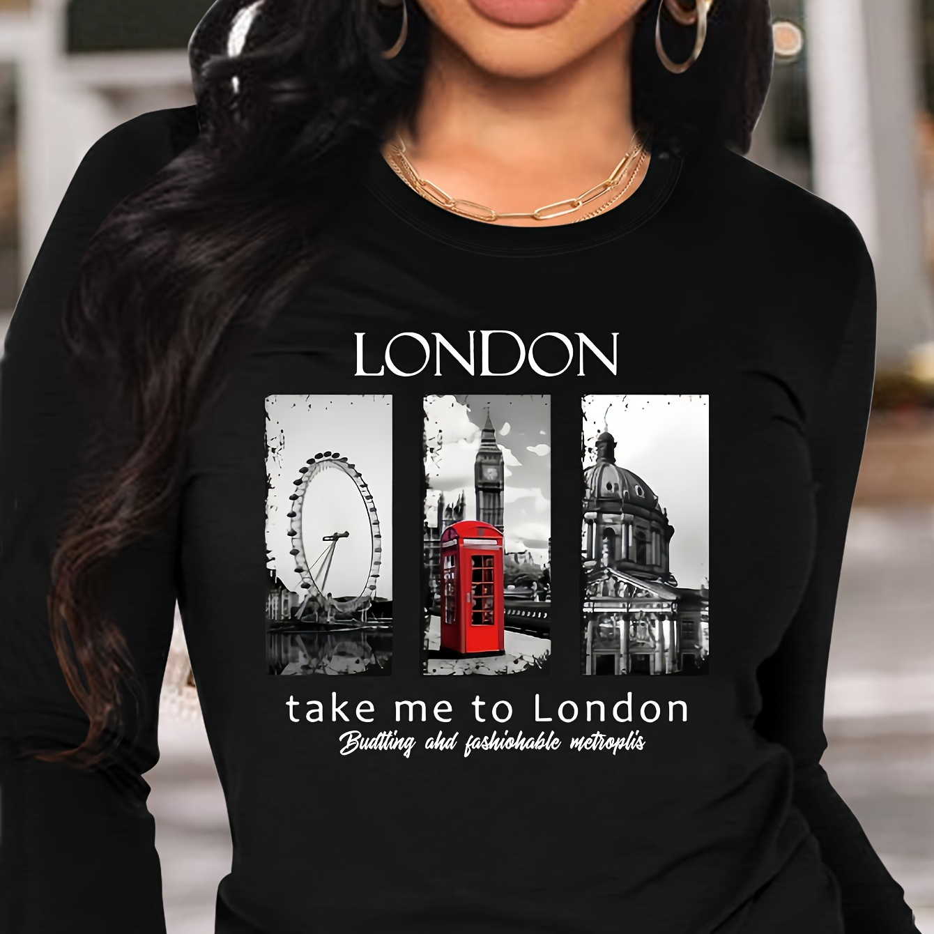 

London London T-shirt - Black With White And Red Print - Women's Fashion - Long Sleeve - Polyester Blend - Casual Style - Round Neckline - Landscape Design - All Seasons - Padded Shoulder Design