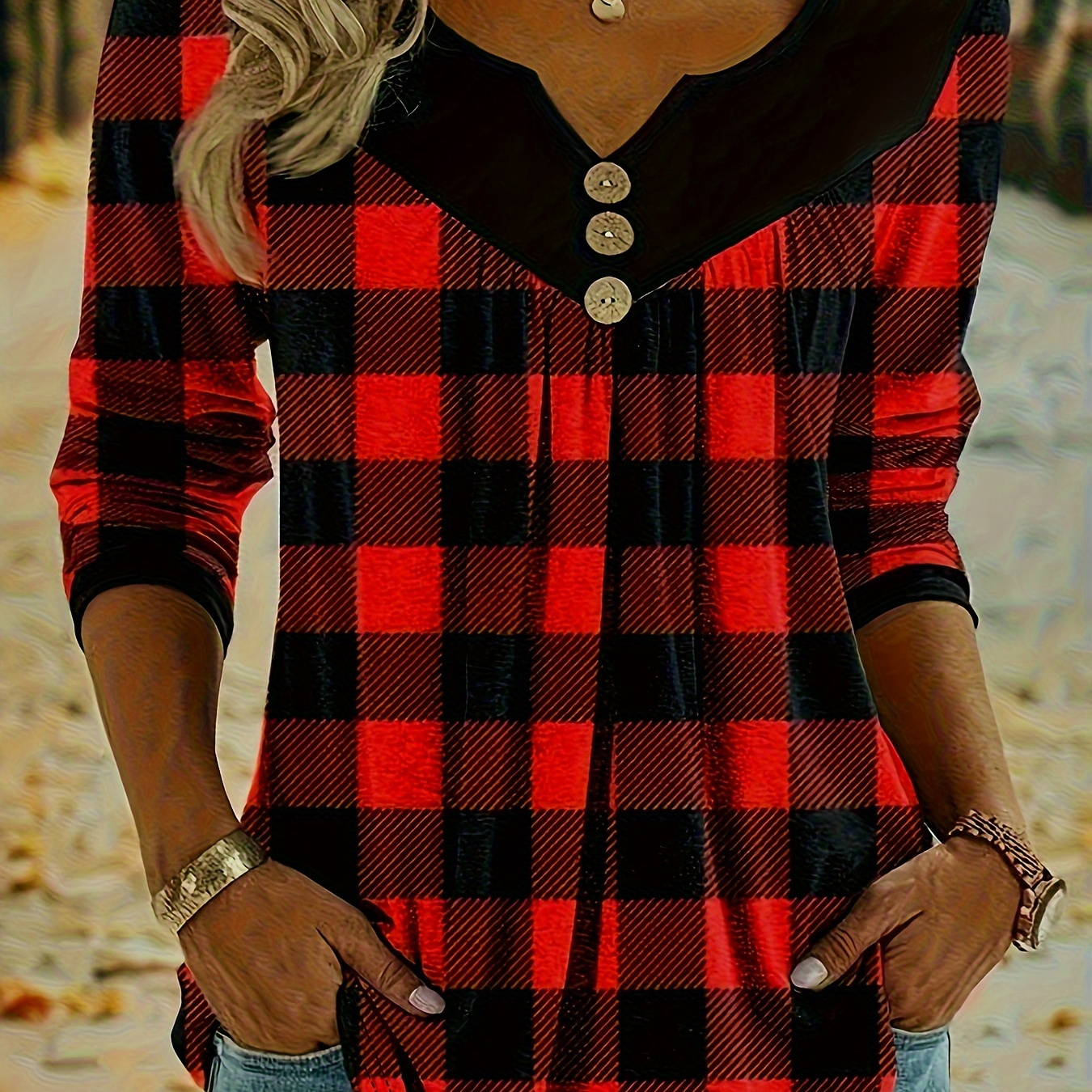 

Plaid Print Notch Neck Button T-shirt, Casual Long Sleeve T-shirt For Spring & Fall, Women's Clothing