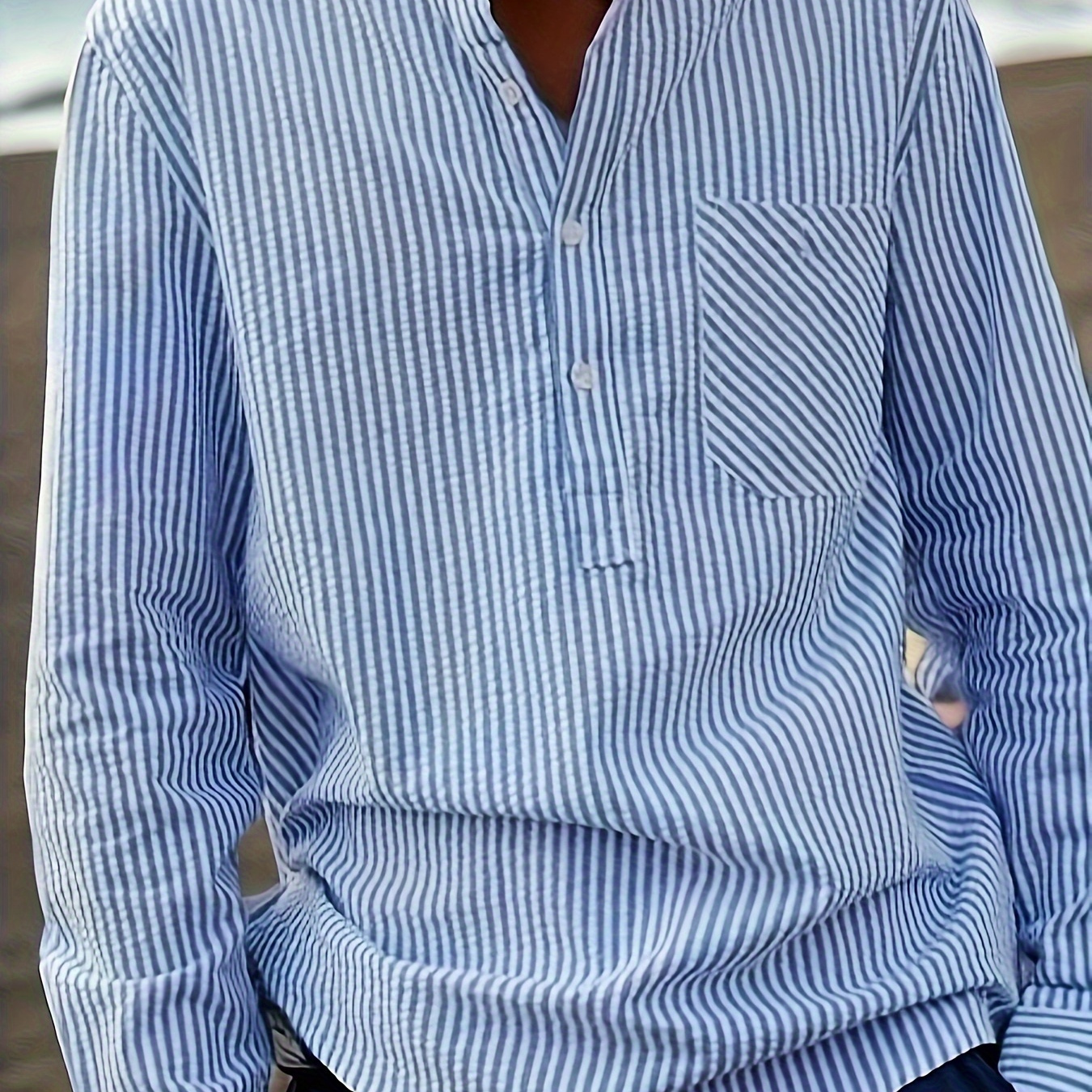 

Stripe Men's Shirt Top Stand Collar Long Sleeve Closure Half Cardigan Button Male Casual Shirt For Men Daily Vacation Streetwear