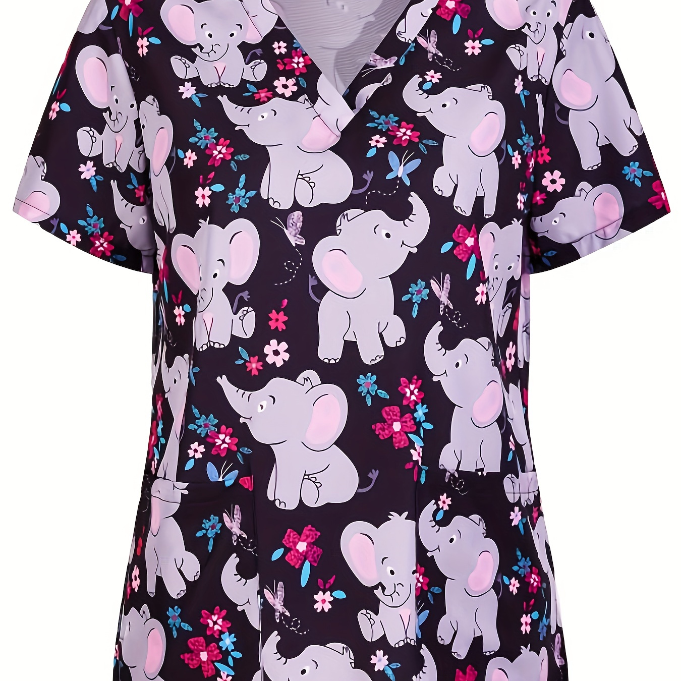 

Cute Elephant Print V Neck Scrubs Top, Casual Short Sleeve Patched Pockets Medical Nurse Uniform, Women's Clothing