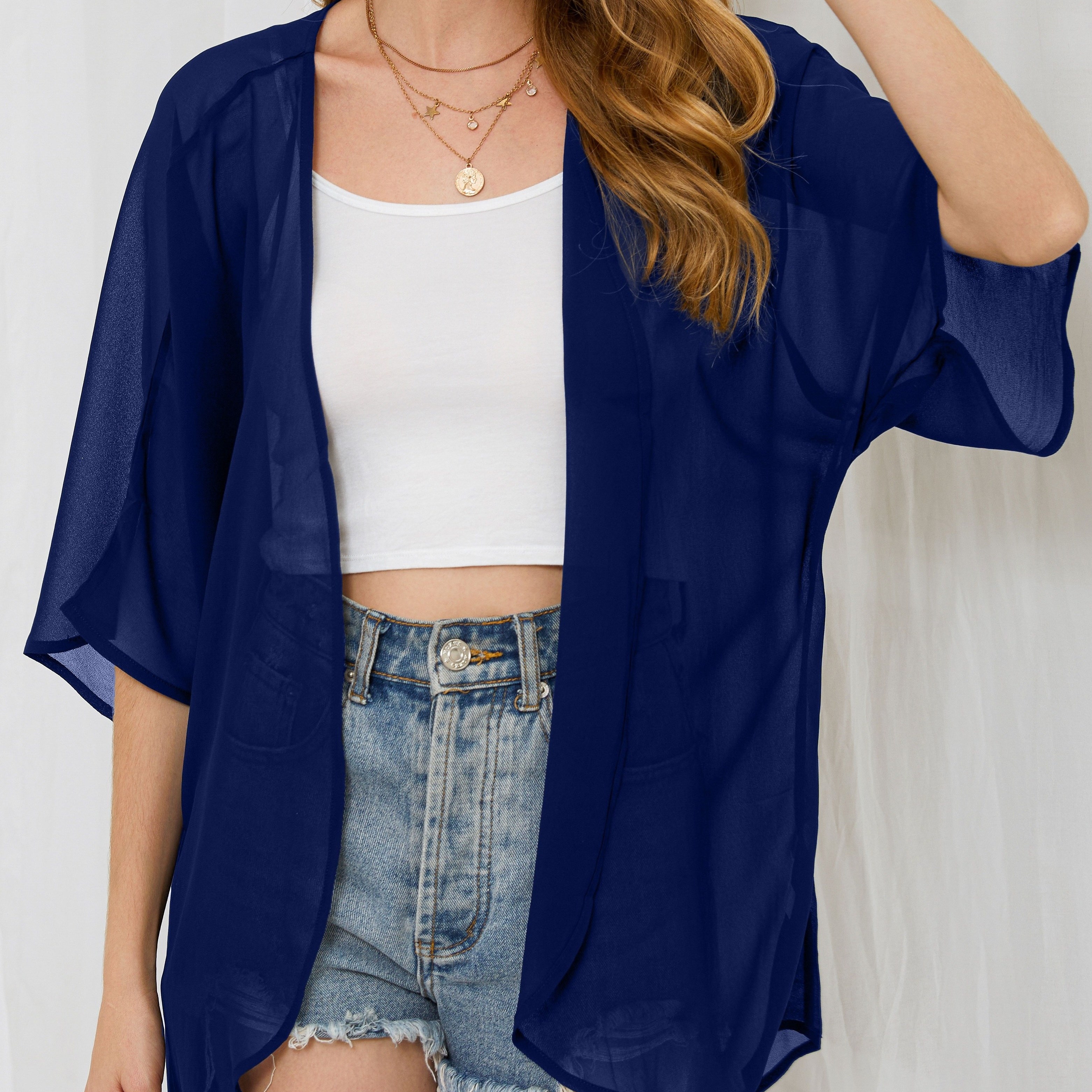 

Solid Color Open Front Cover Up, Versatile Half Sleeve Beach Wear Vacation Style Outwear, Women's Clothing