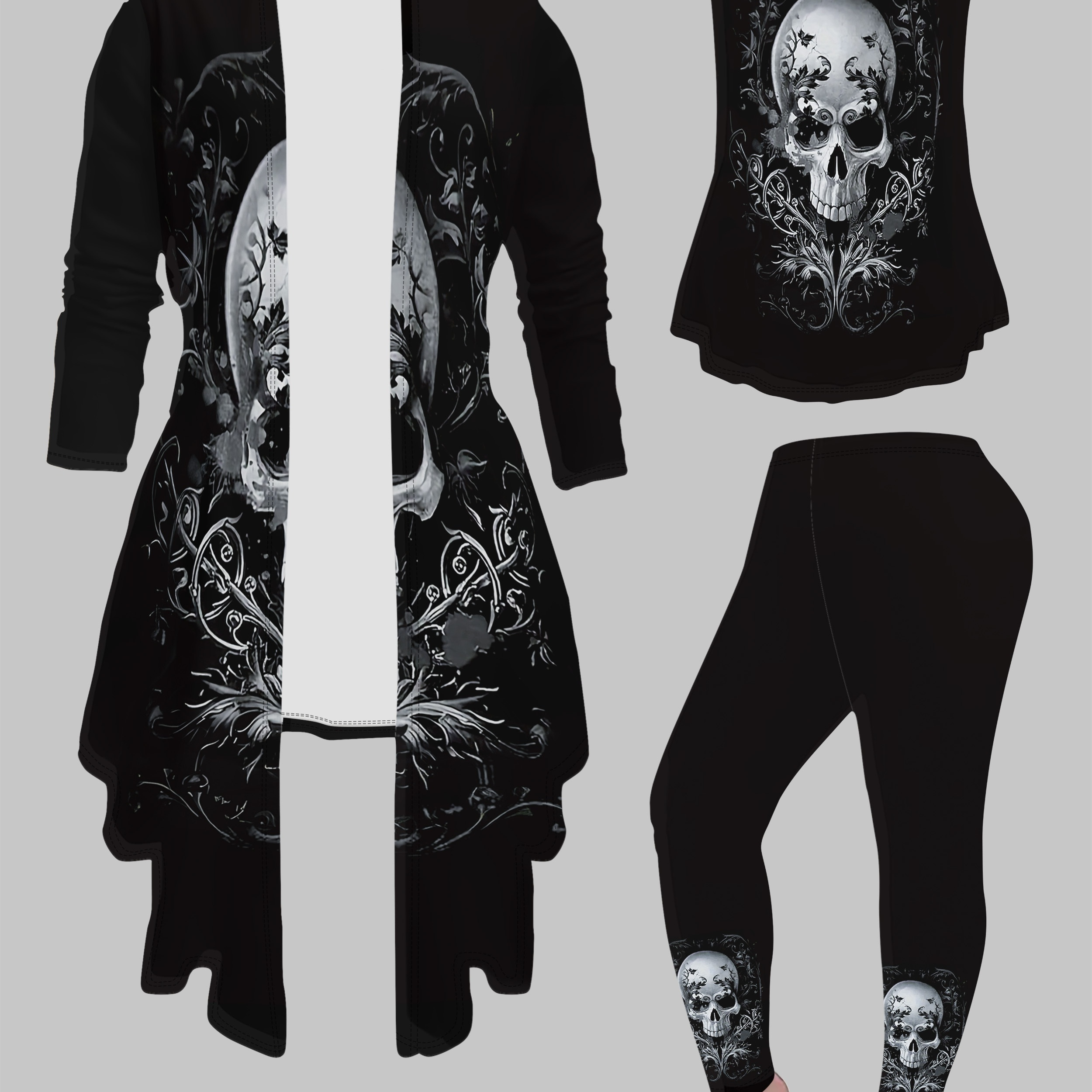 

Women's 3-piece Set, Gothic Skull Print, Knit Long Sleeve Tank Top, Cardigan, And Pants, Elegant Middle Eastern Style, Polyester, All-season, Round Neck, Full-body Print, Fashion Outfit