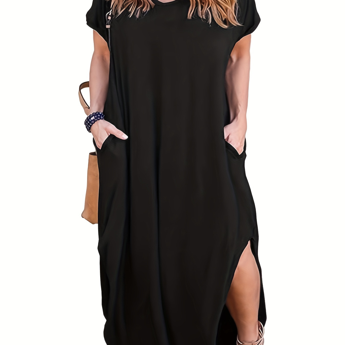 Plus Size Casual Dress, Women's Plus Plain Short Sleeve Cut Out Back Split Hem V Neck Dress Witch Pockets