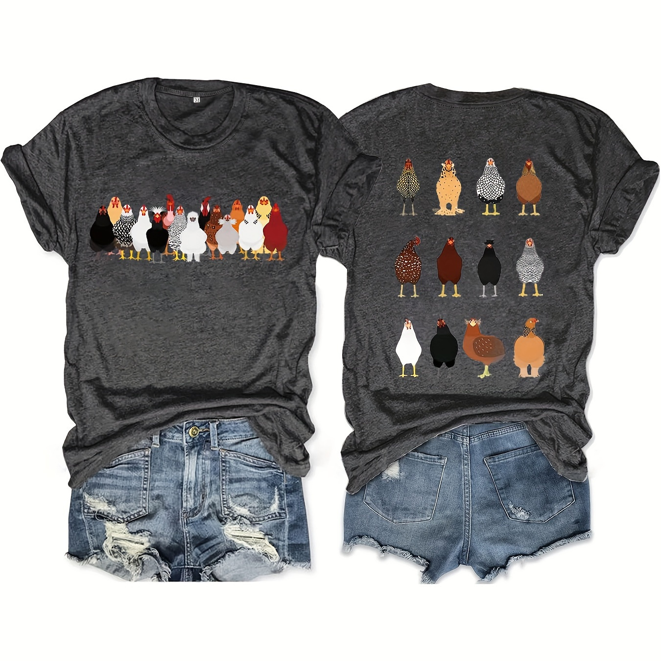 

Cartoon Chicken Print Crew Neck T-shirt, Casual Short Sleeve Top For Spring & Summer, Women's Clothing