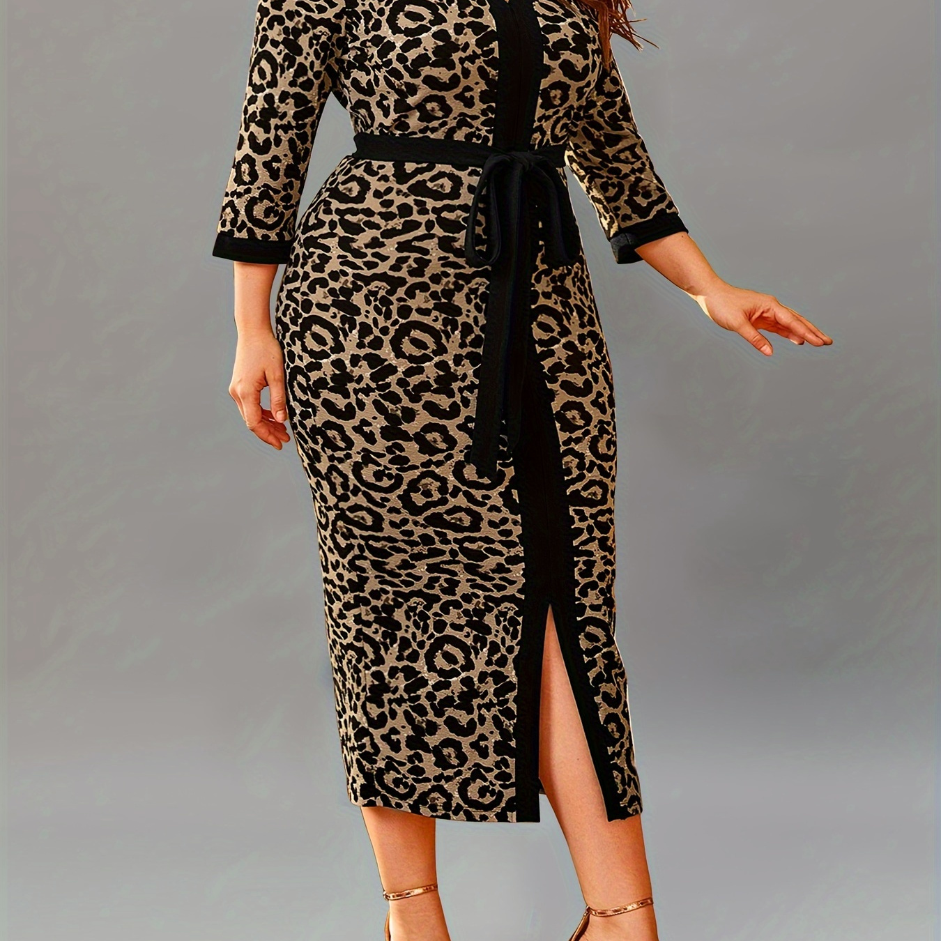 

Plus Size Leopard Print Slit Belted Dress, Elegant 3/4 Sleeve Dress For Spring & Summer, Women's Plus Size Clothing