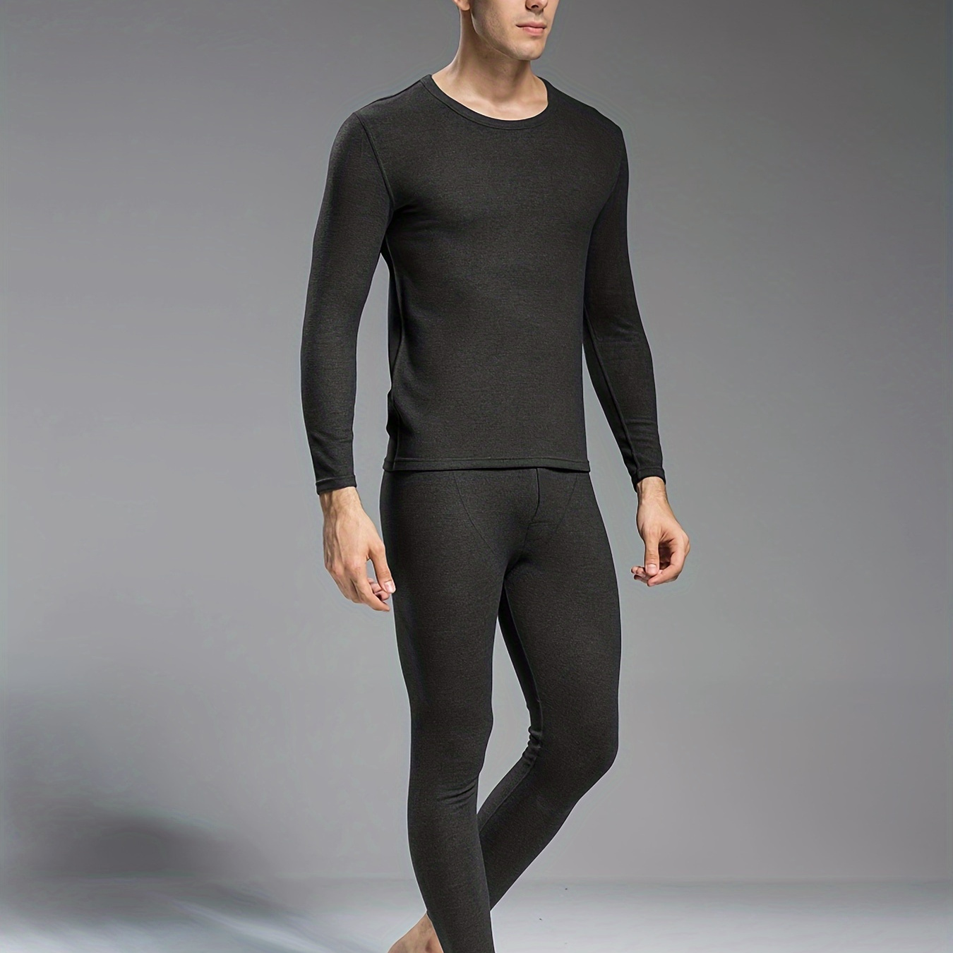 seamless Thermal Underwear Set For Men, Base Layer Set For Autumn Winter, 2pcs Long Sleeve Round Neck Tops & Bottom Pants Set