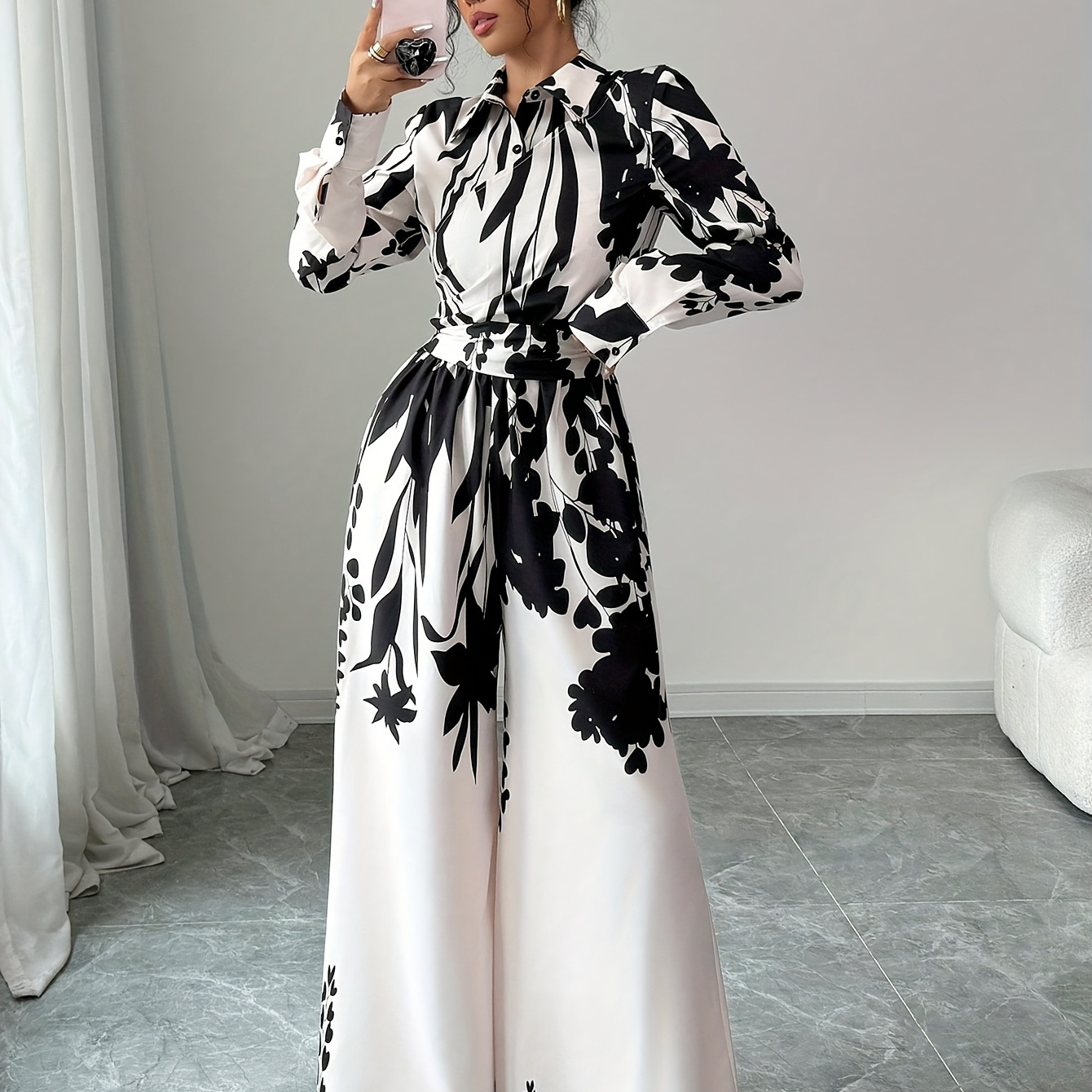 

Print Long Sleeve Jumpsuit With Belt - Chic Wide-leg Pants Bodysuit, Machine Washable, Polyester,