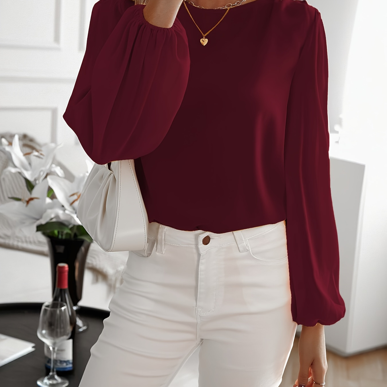 

Women's Casual Chiffon Lantern Sleeve Blouse - Solid Color, Round Neck, Semi-sheer, Machine Washable